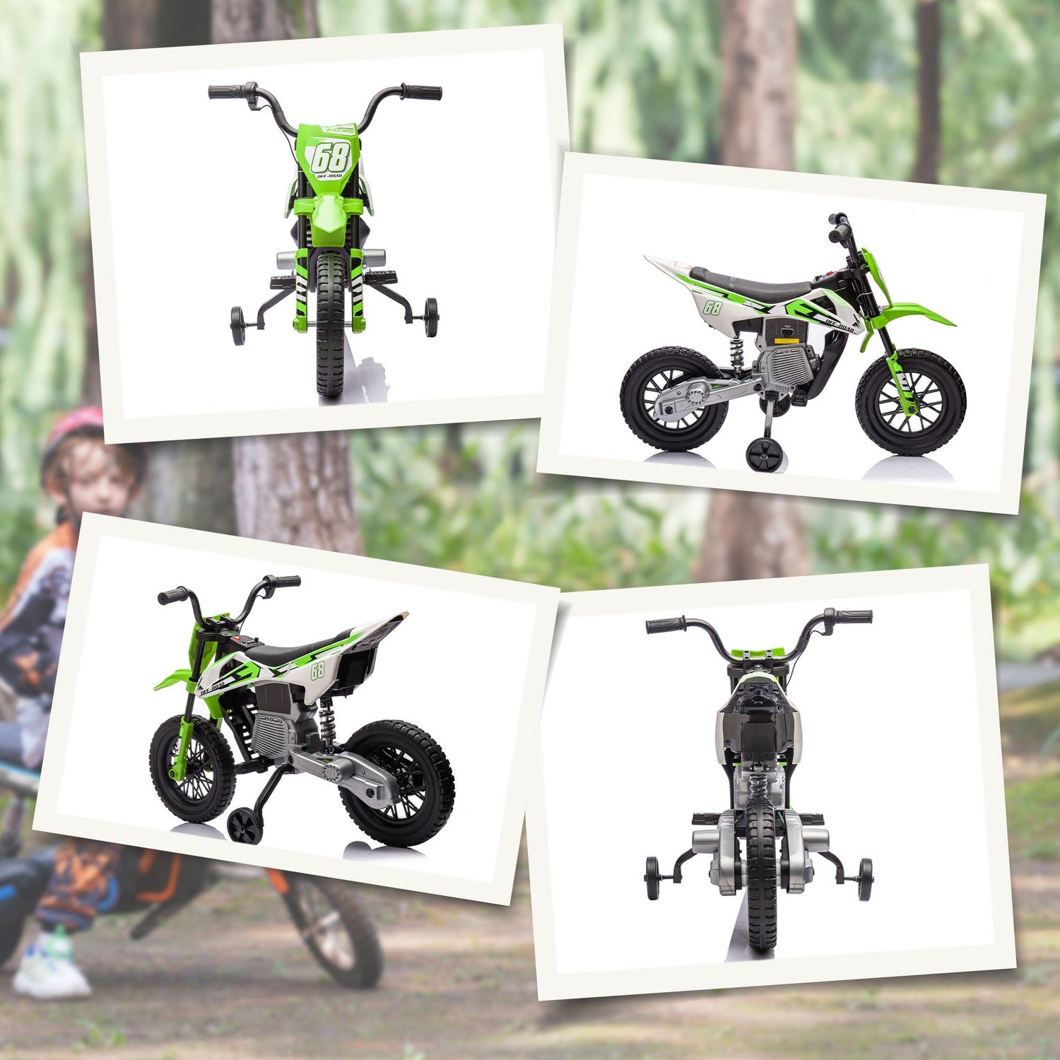 Elmotorcykel för barn, 12V, musik, 3-6 år, grön