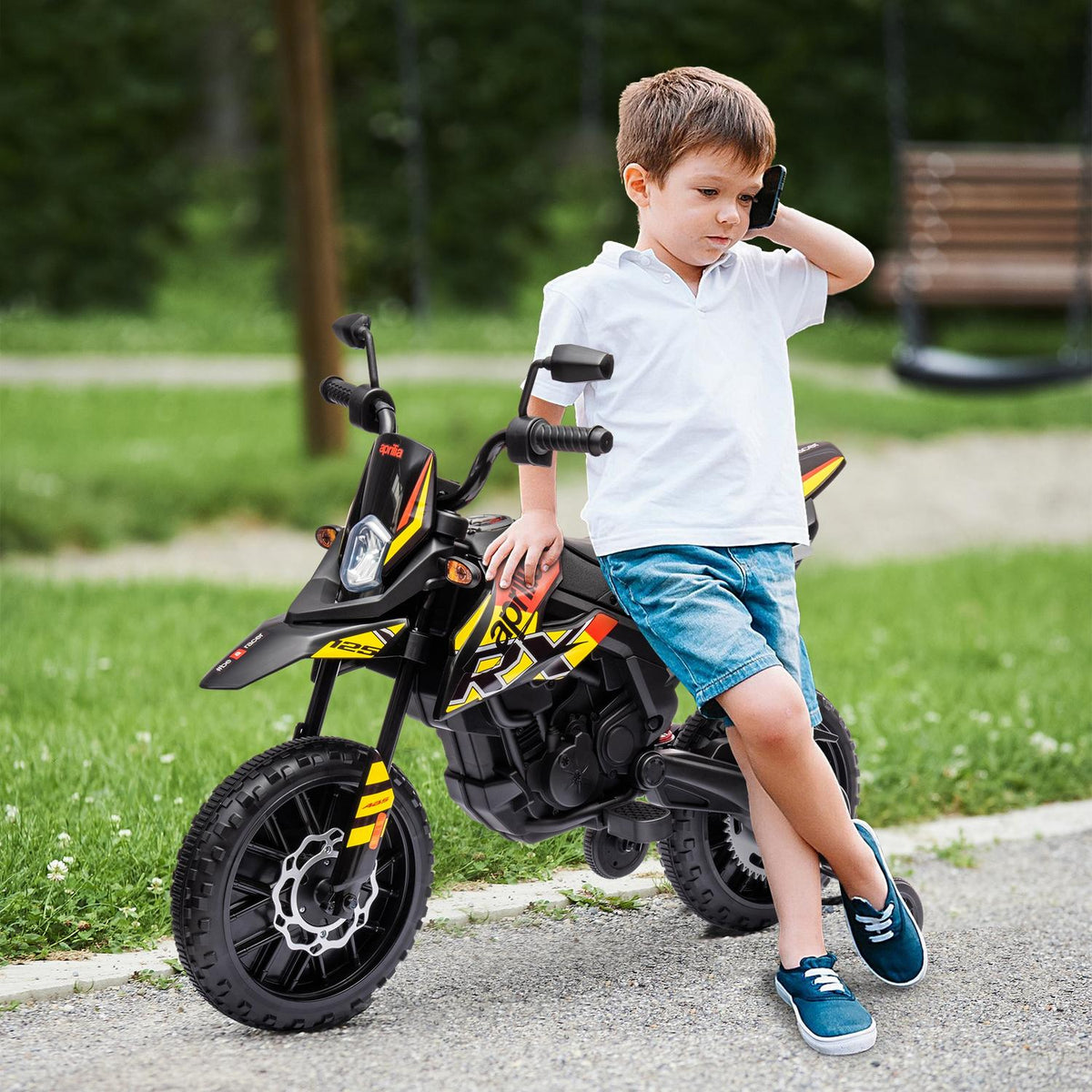 Elektrische kindermotor, 12V, muziek en zijwieltjes, 6 km/u