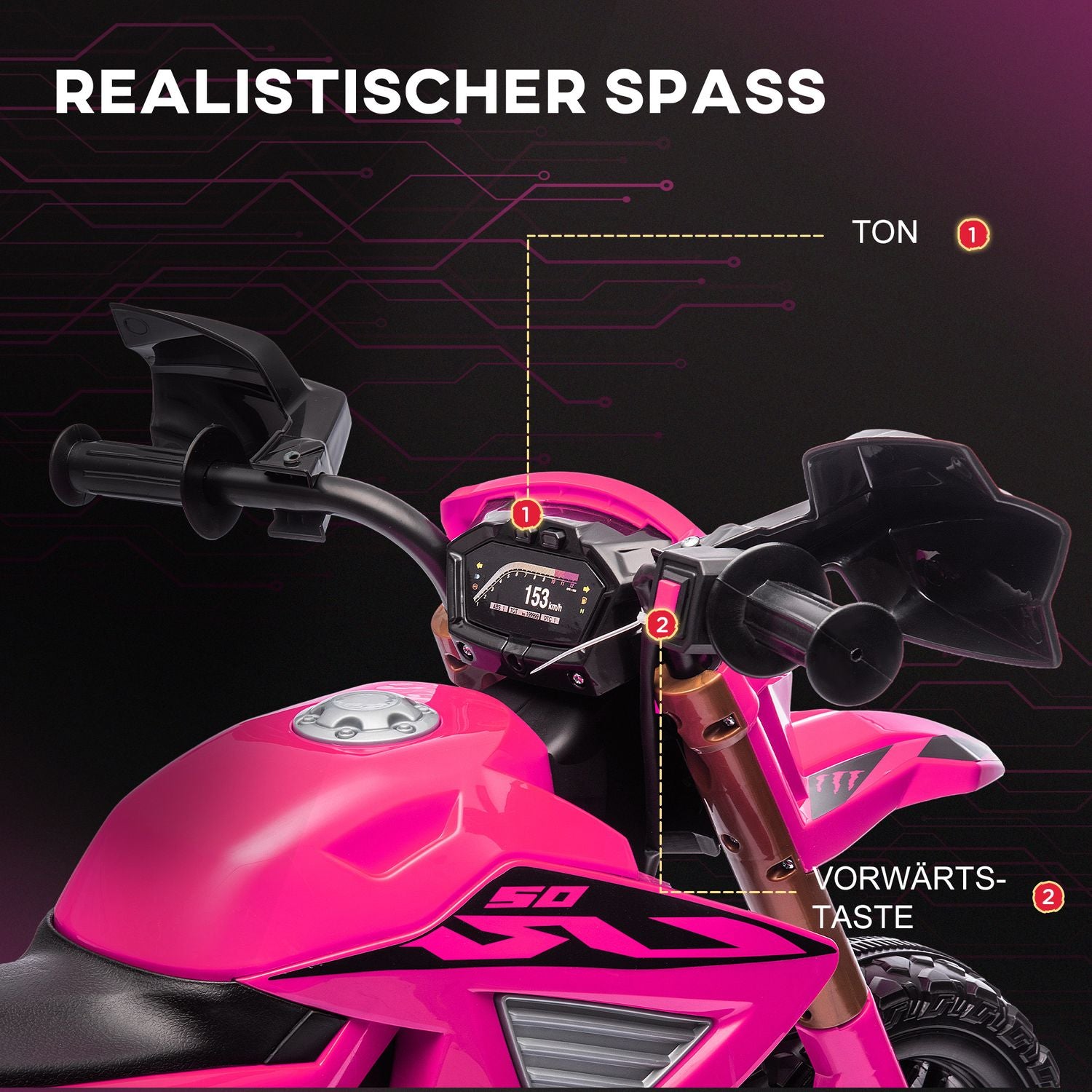 Elmotorcykel för barn, 12V, rosa, med träningshjul