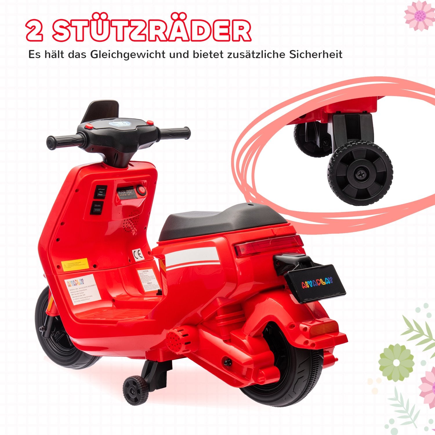 Elektrische kindermotor, 6V, muziek & licht, rood