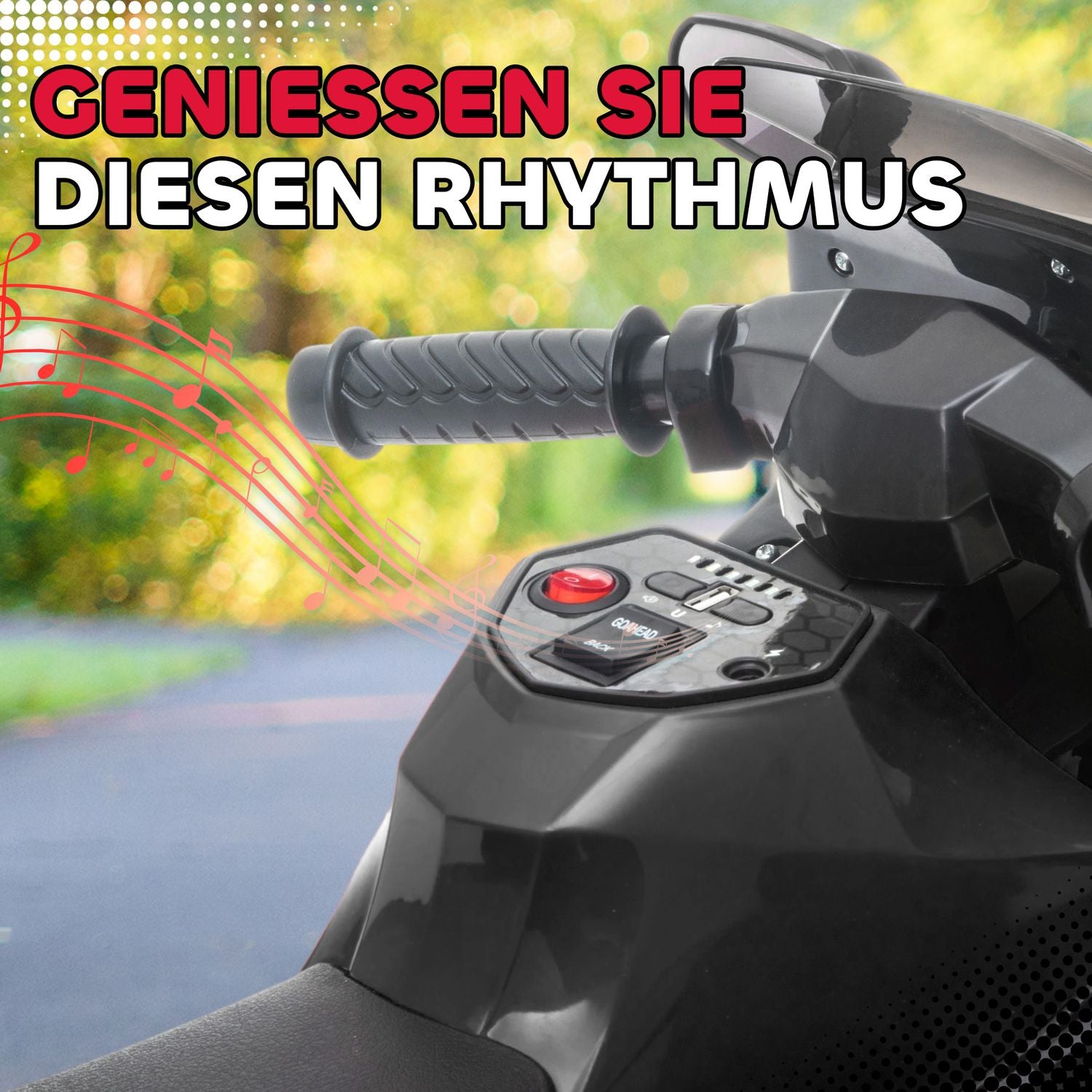 Elmotorcykel för barn, tuta, strålkastare, musik, svart