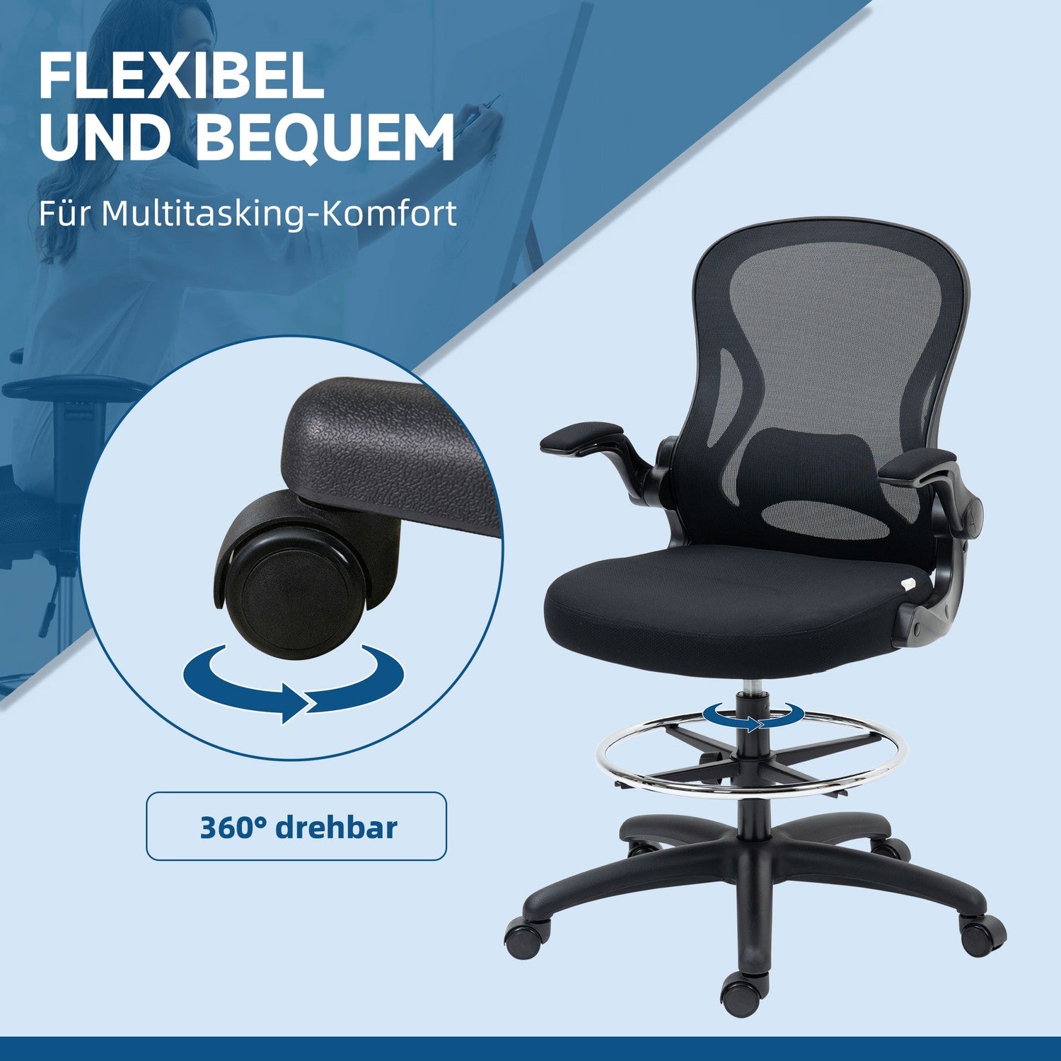 Ergonomischer Bürostuhl mit Rädern & Lendenstütze, schwarz