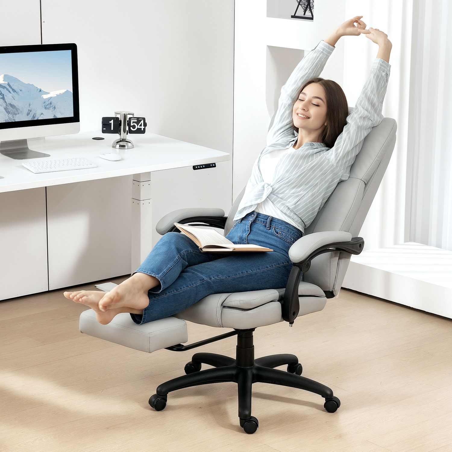 Ergonomische bureaustoel met massage, kantelfunctie, voetensteun, grijs
