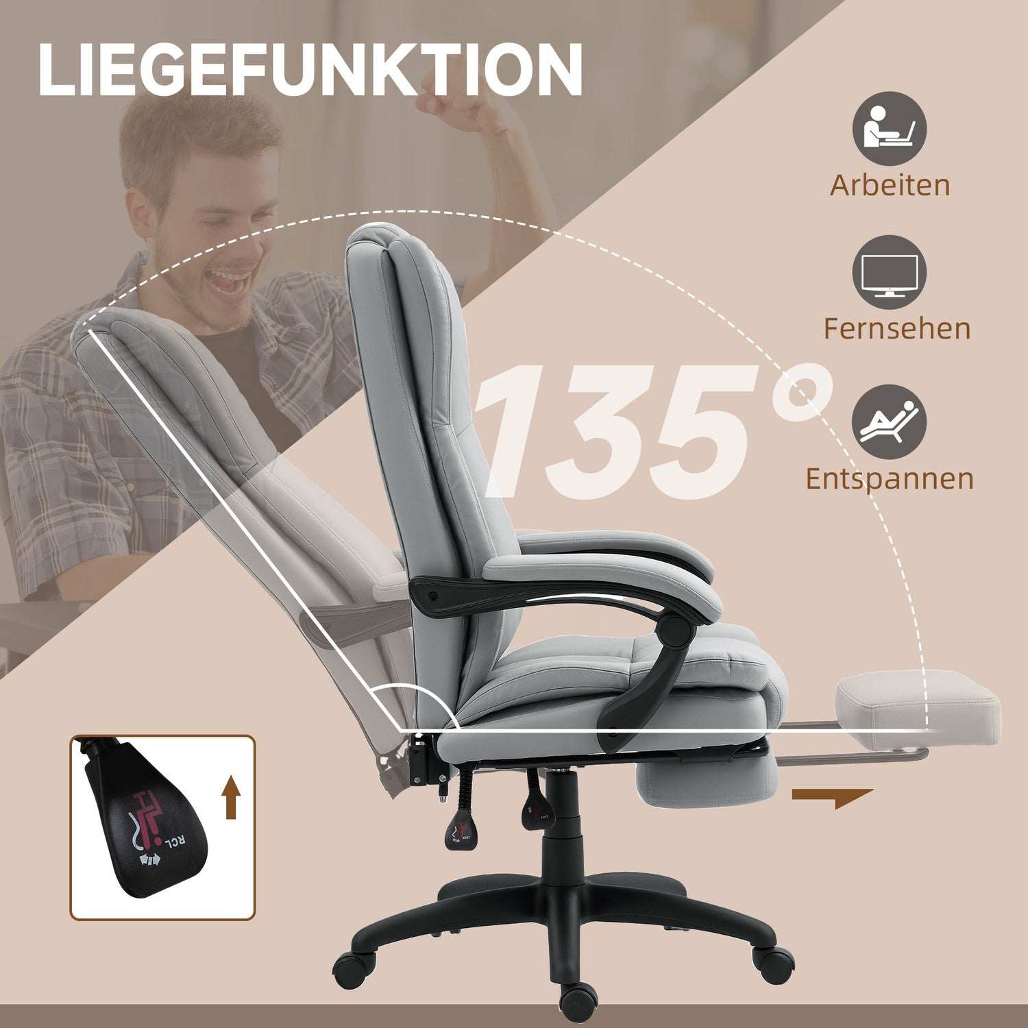 Ergonomische bureaustoel met massage, kantelfunctie, voetensteun, grijs