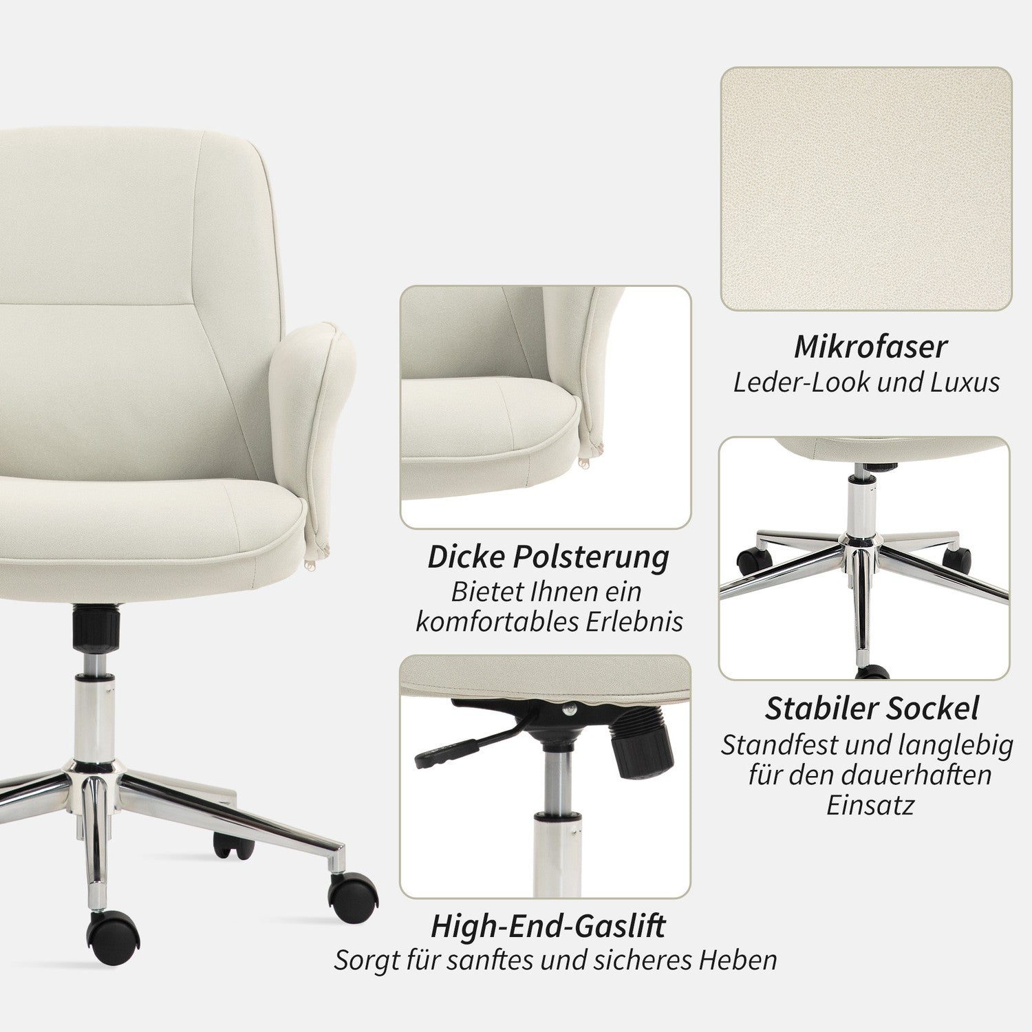 Ergonomische bureaustoel, microvezel, crème wit, in hoogte verstelbaar