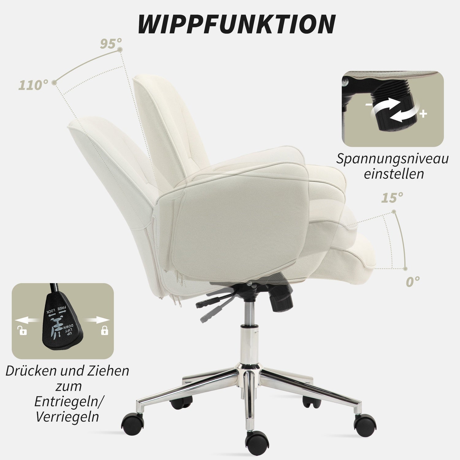 Ergonomische bureaustoel, microvezel, crème wit, in hoogte verstelbaar