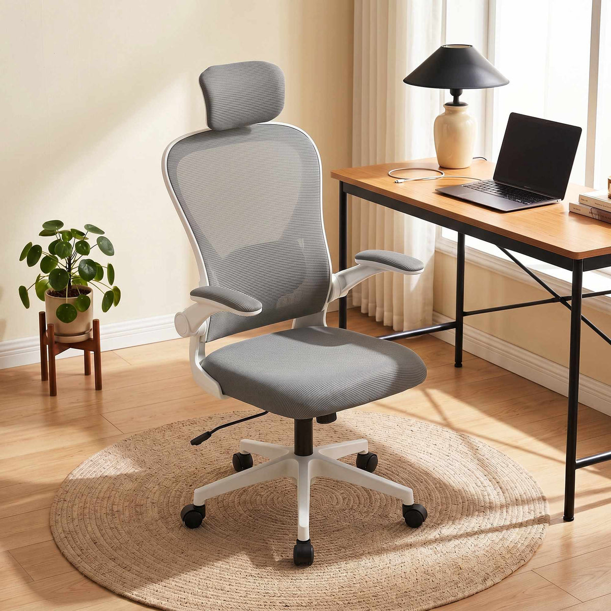 Ergonomische bureaustoel, mesh, opklapbare armleuningen, grijs