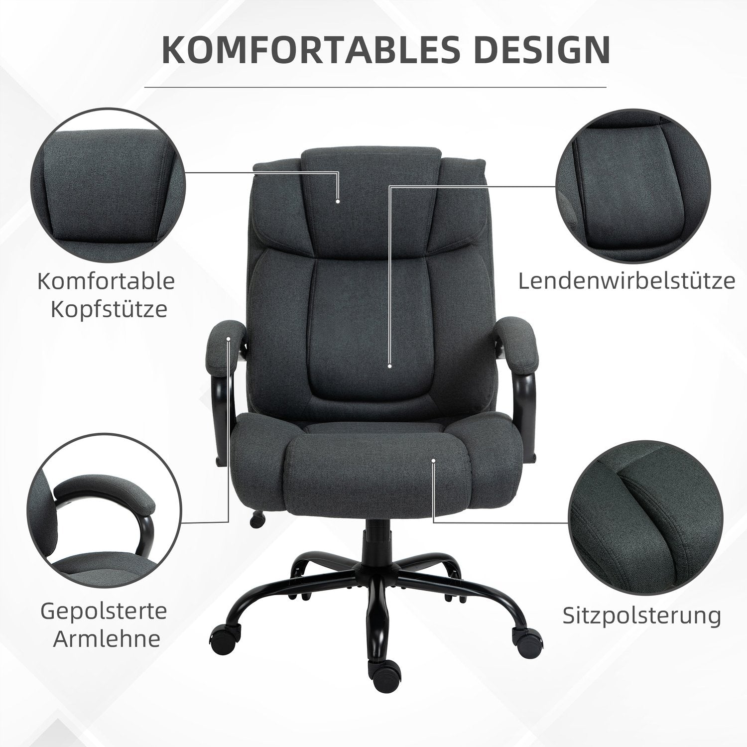 Ergonomisk kontorsstol, vridbar, vadderade armar, 220 kg kapacitet, grå