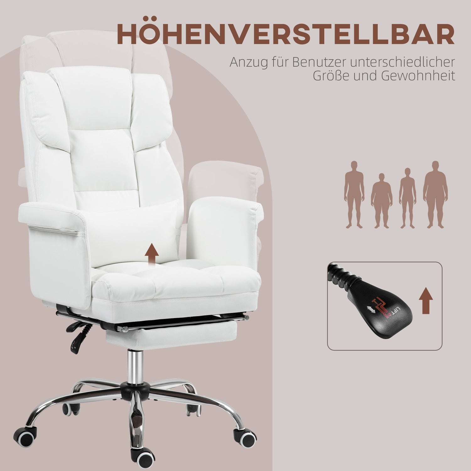 Sedia da ufficio ergonomica bianca, reclinabile e girevole, supporto lombare