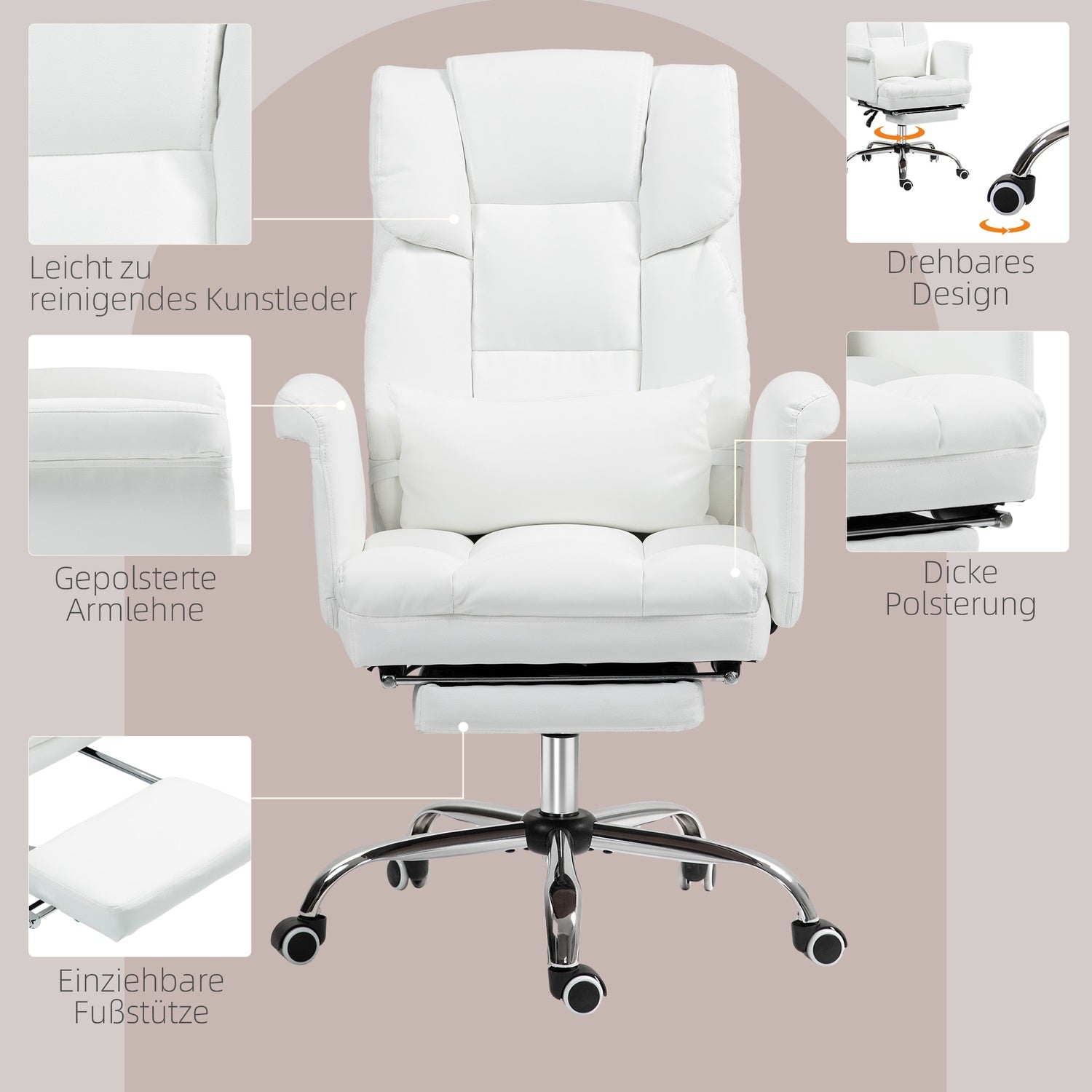Sedia da ufficio ergonomica bianca, reclinabile e girevole, supporto lombare
