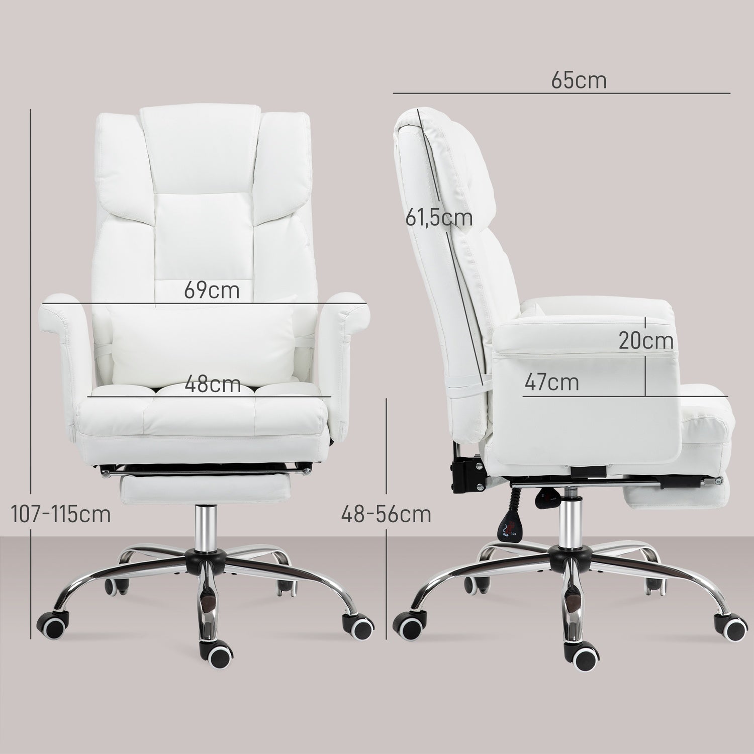 Sedia da ufficio ergonomica bianca, reclinabile e girevole, supporto lombare