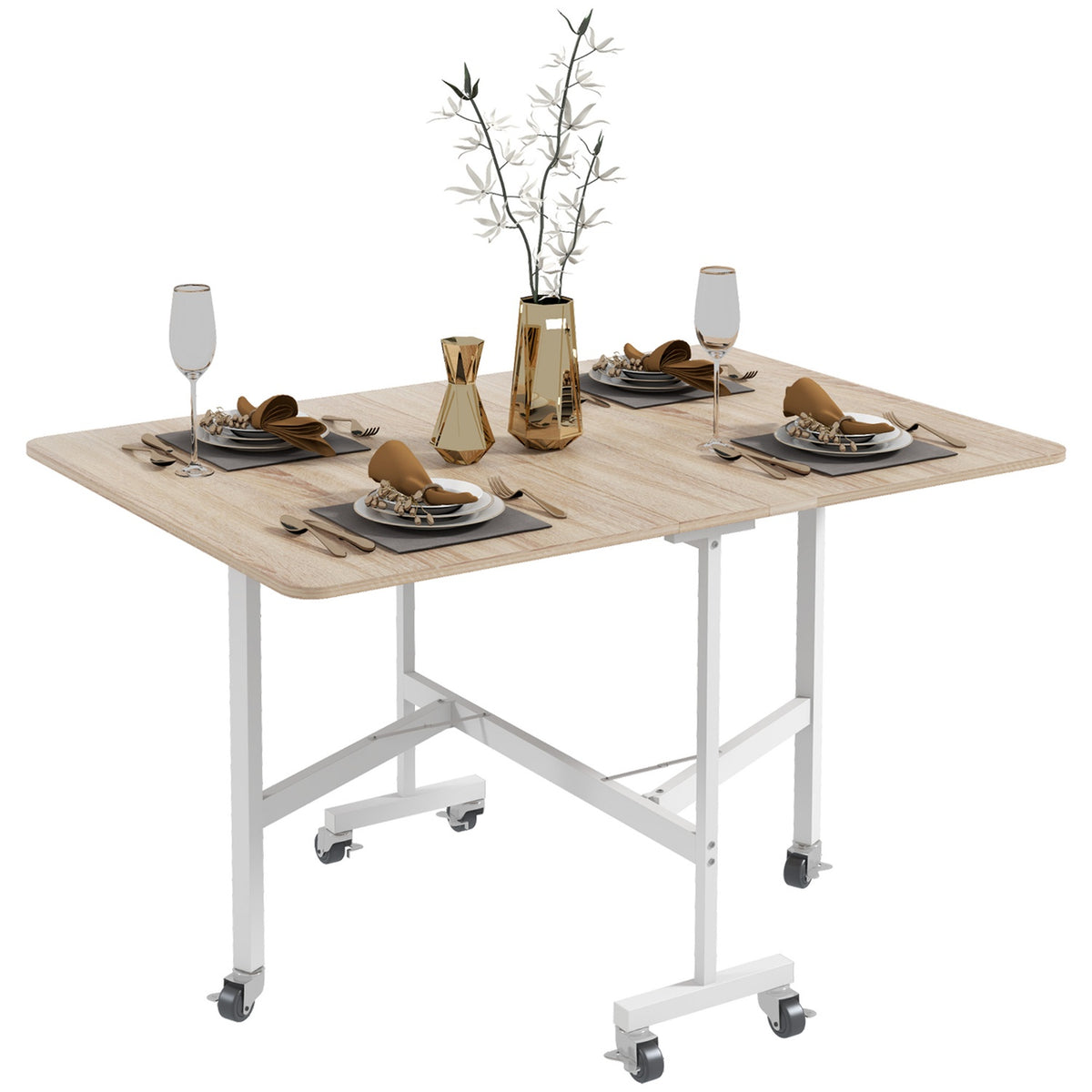 Uitschuifbare eettafel van eikenhout met wieltjes – Zitplaatsen 4-6