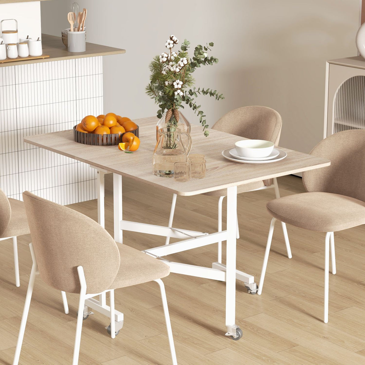 Uitschuifbare eettafel van eikenhout met wieltjes – Zitplaatsen 4-6
