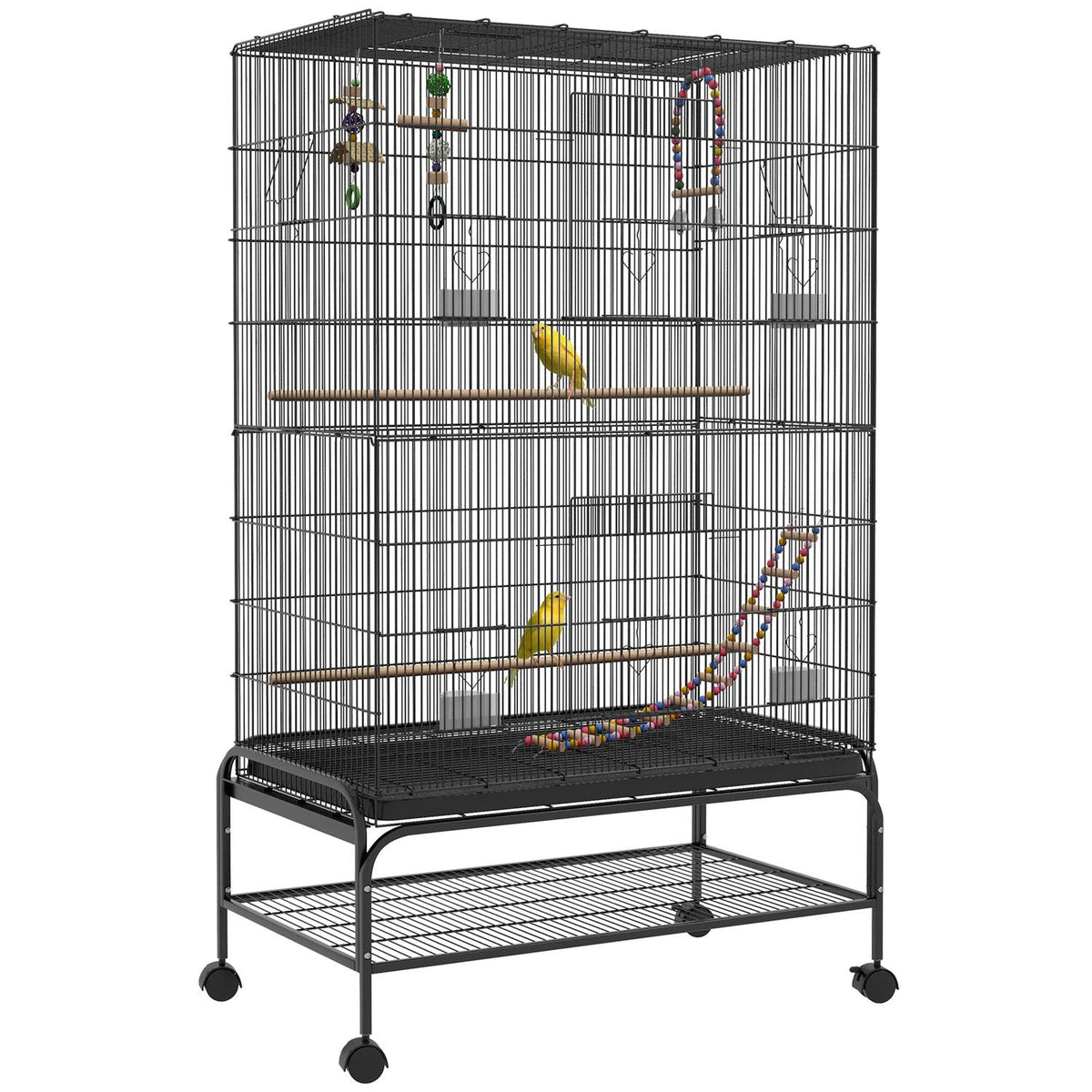 Vogelkooi volière met zitstokken, wielen en afneembare lade