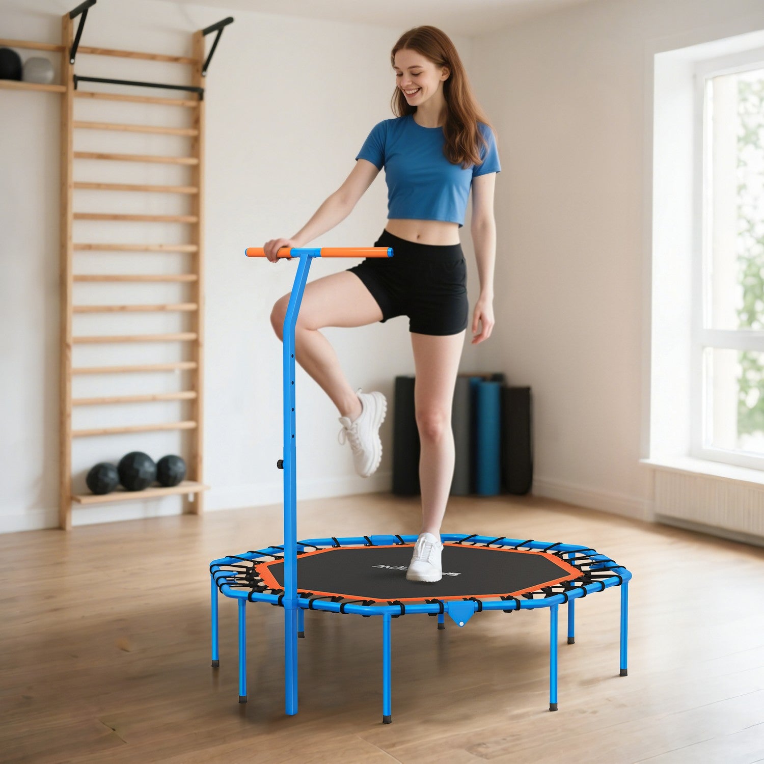 Fitnesstrampolin med justerbart handtag, stål, inomhusbruk