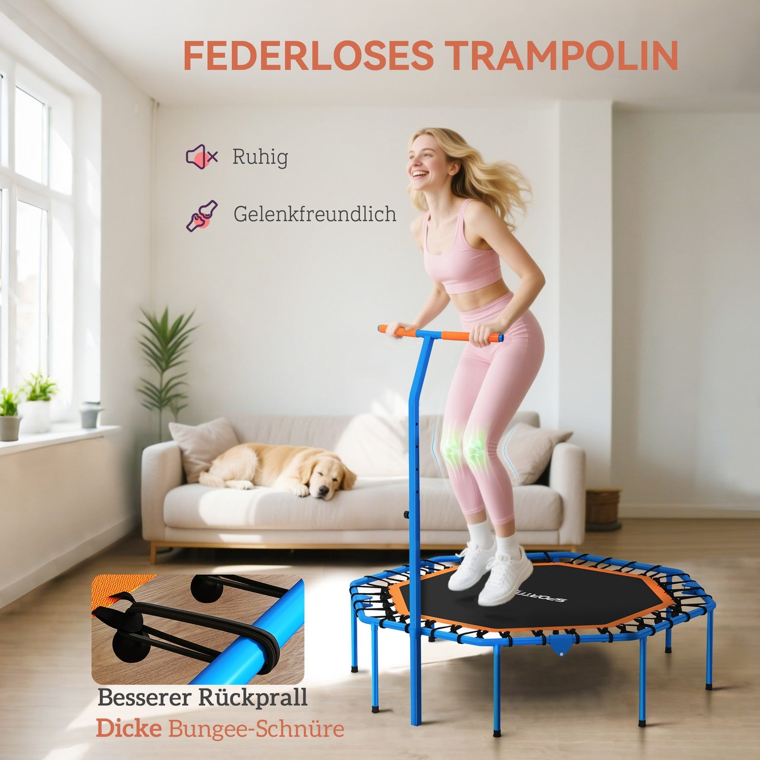 Fitnesstrampolin med justerbart handtag, stål, inomhusbruk