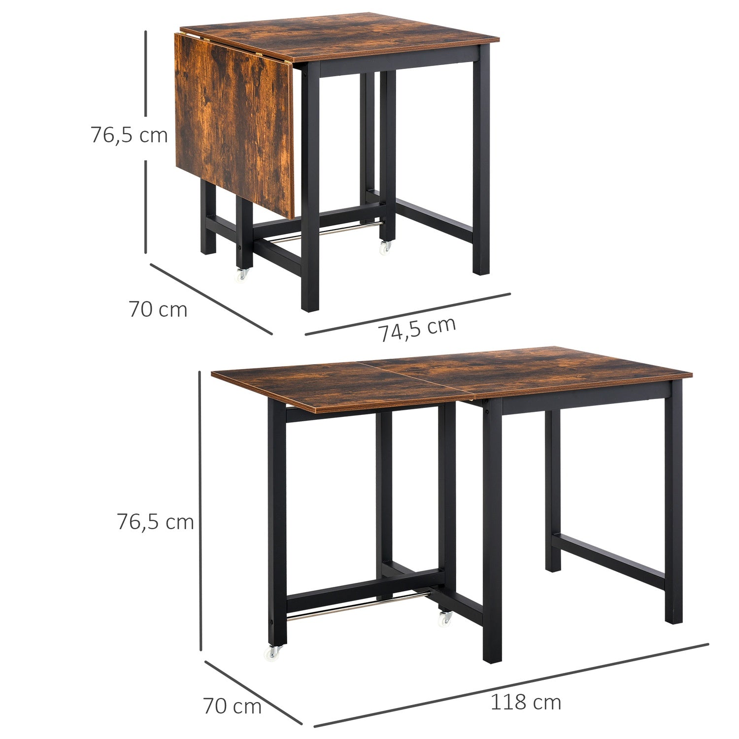 Inklapbare metalen eettafel m/ wielen, 118x70x76,5cm, Bruin