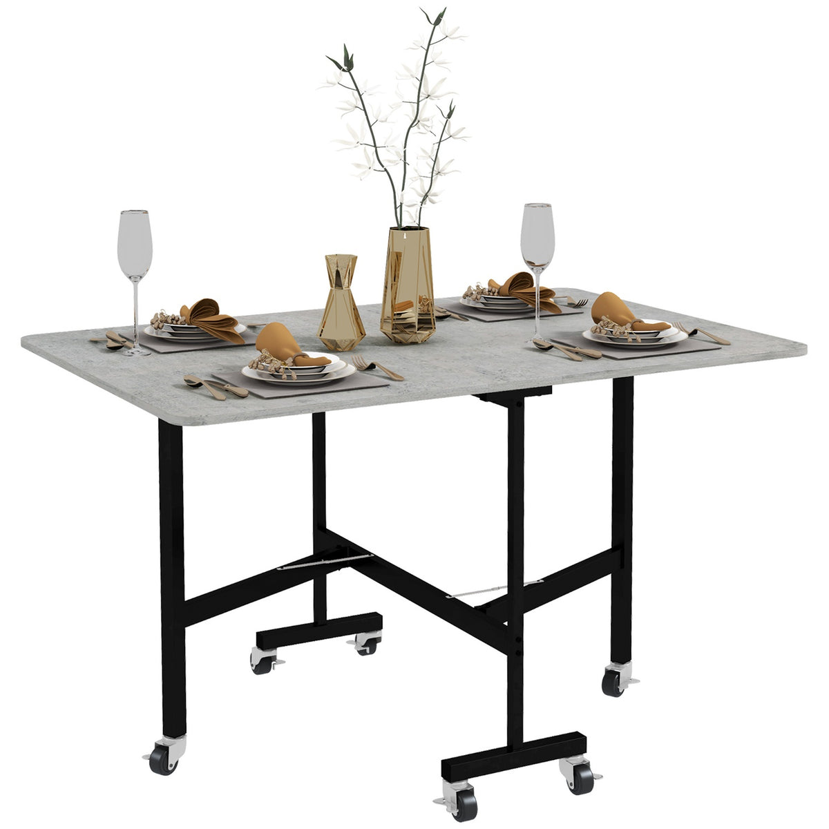 Opvouwbare eettafel met wielen, stalen poten, stoelen 4-6