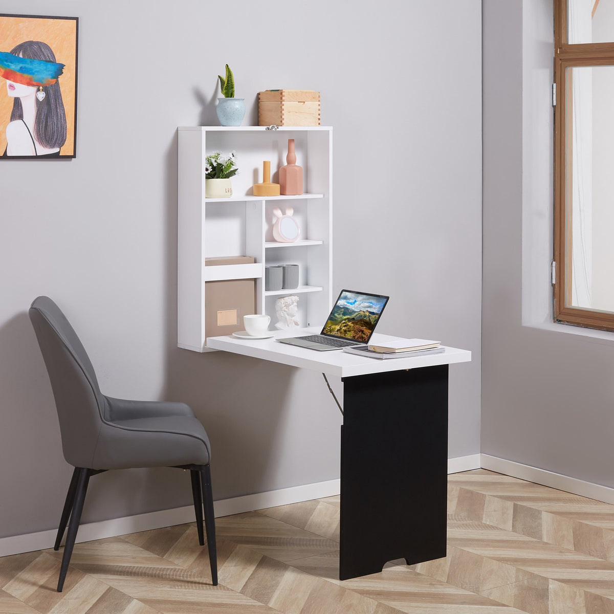 Inklapbaar bureau, 5 vakken, wit & zwart, 60x94,5x147cm