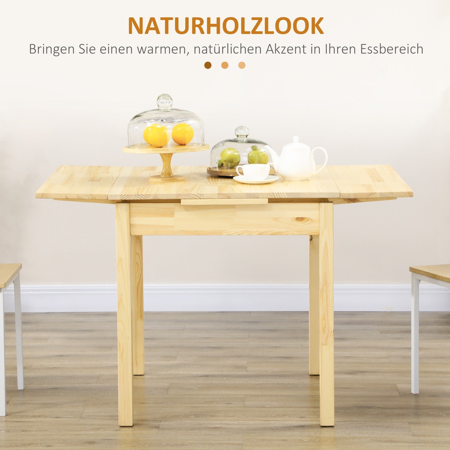 Opklapbare houten tafel voor 2-4 personen, natuurlijke afwerking, 120x80x75cm