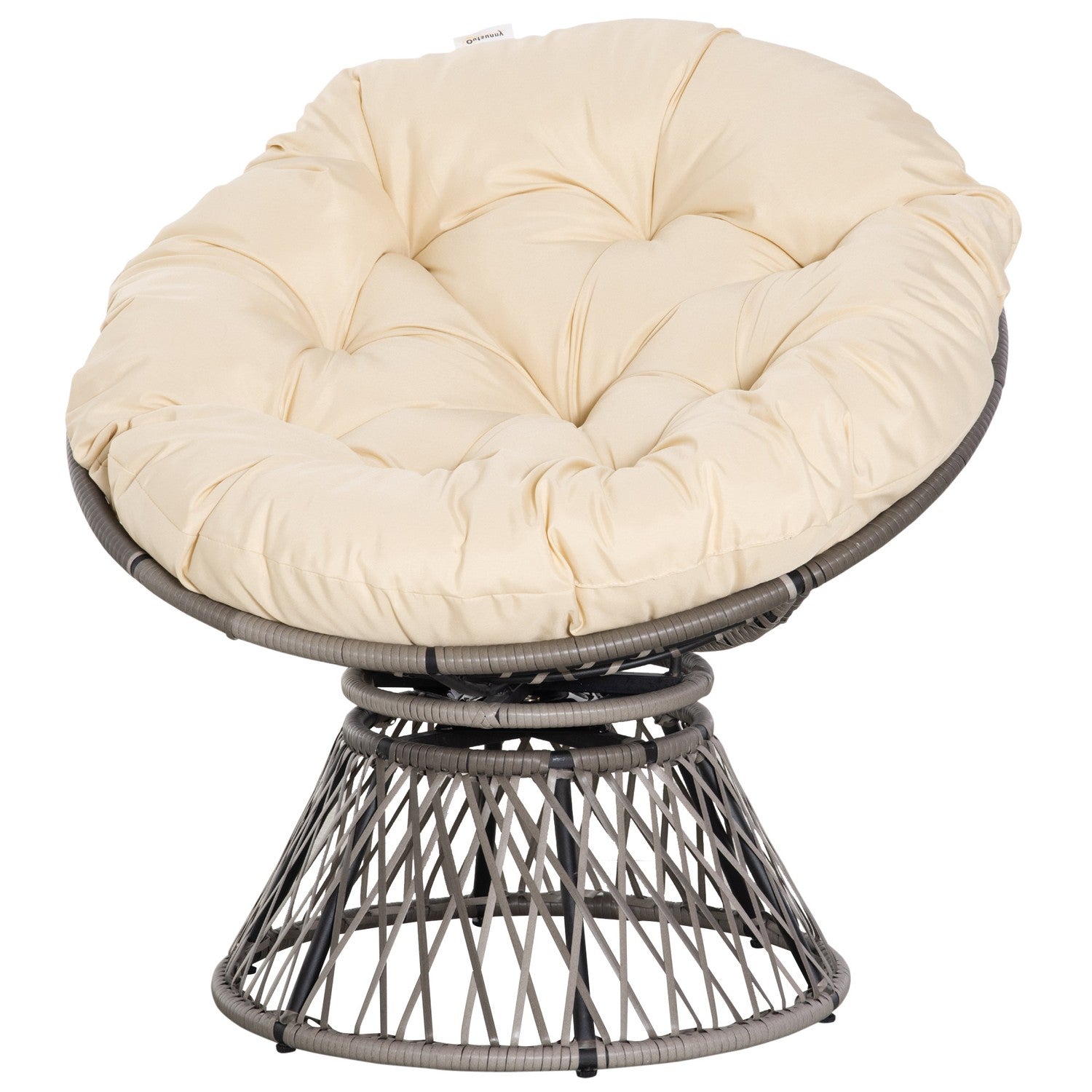 Gevlochten Papasan-stoel met kussen, 360° metalen frame, crème