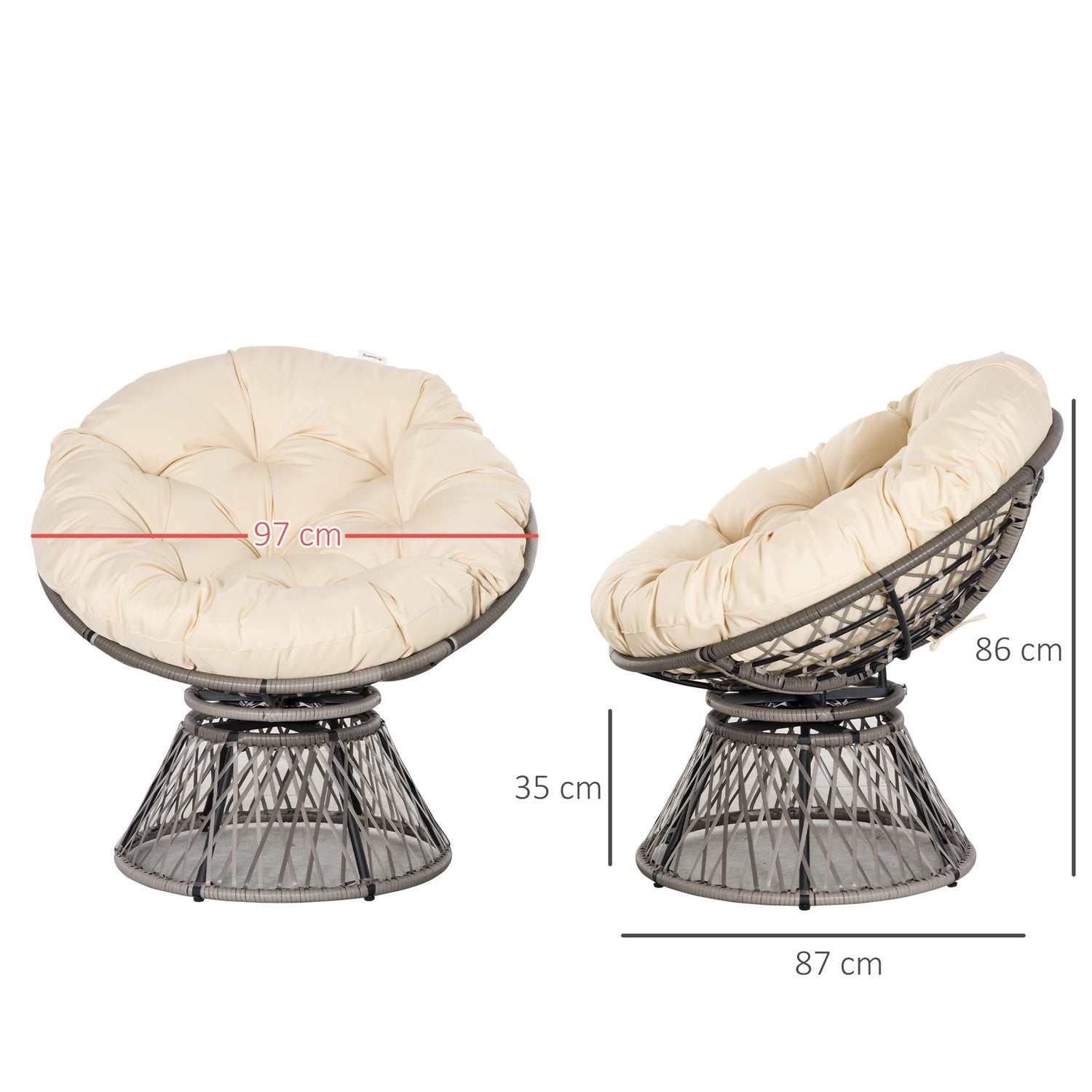Gevlochten Papasan-stoel met kussen, 360° metalen frame, crème