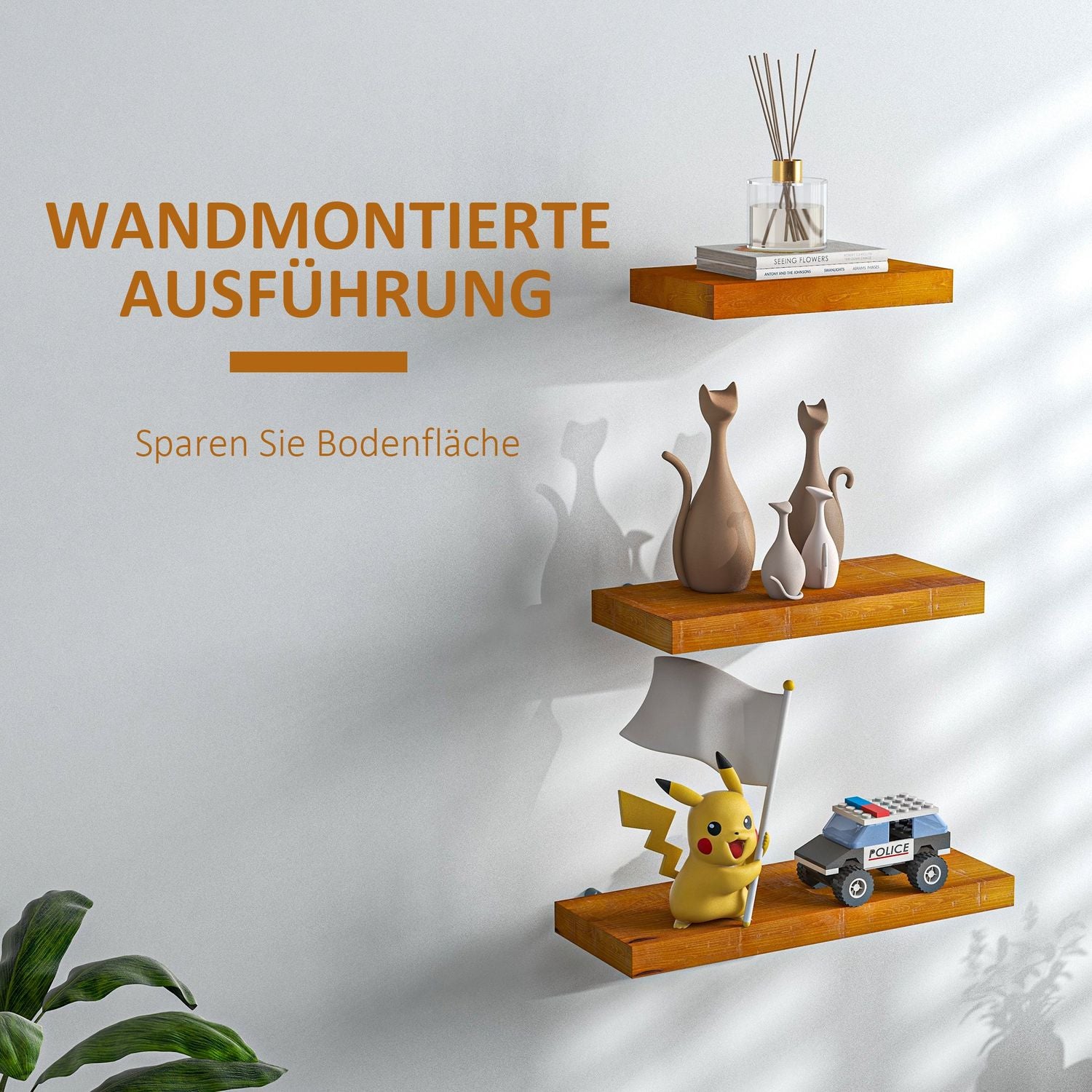 Zwevende wandplanken set van 3, massief hout, bruin