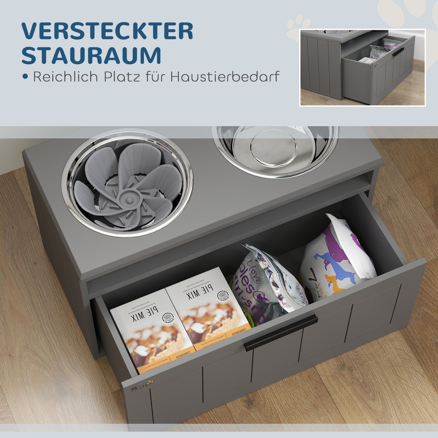 Erhöhte Hunde-Futterstation mit Aufbewahrung, grau