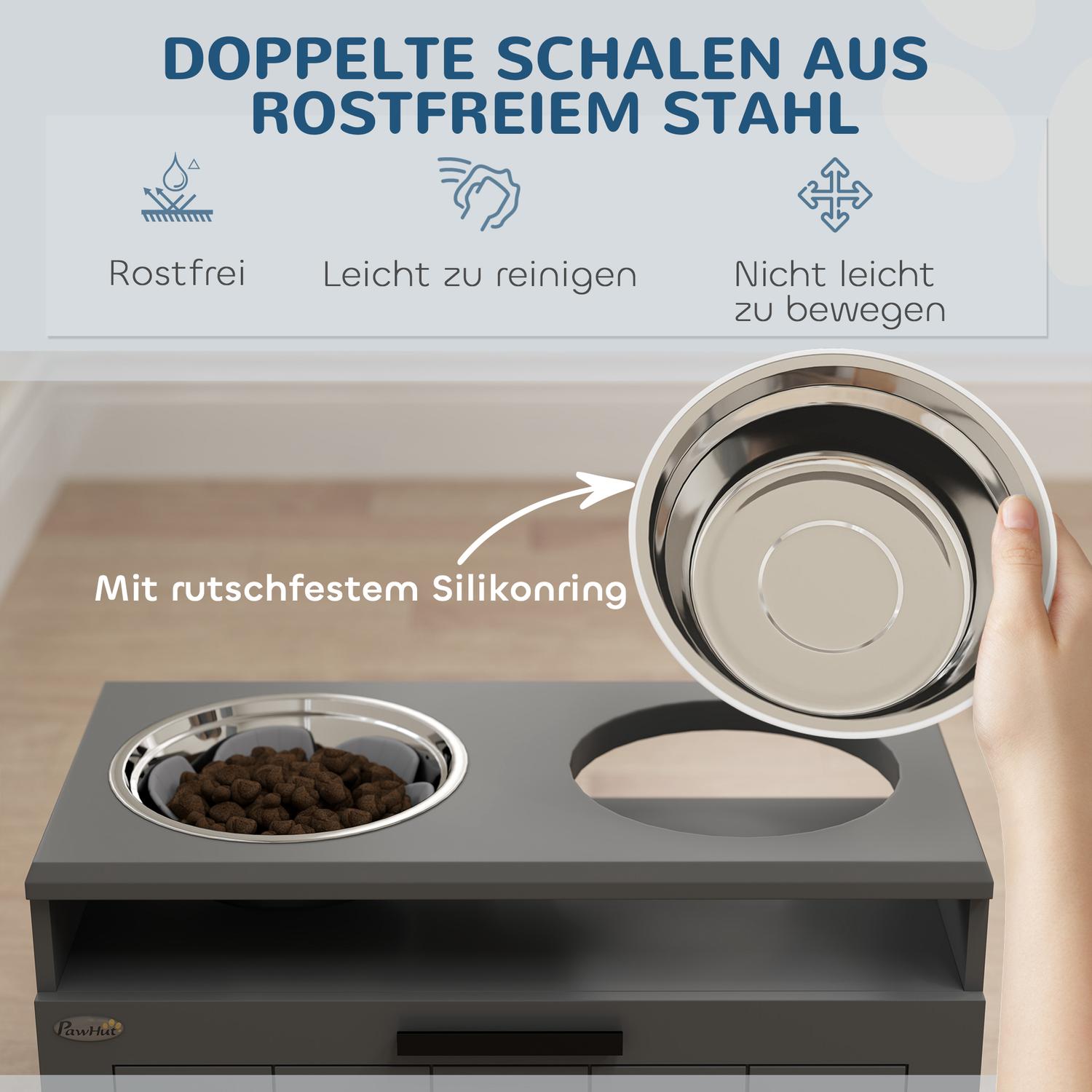 Erhöhte Hunde-Futterstation mit Aufbewahrung, grau