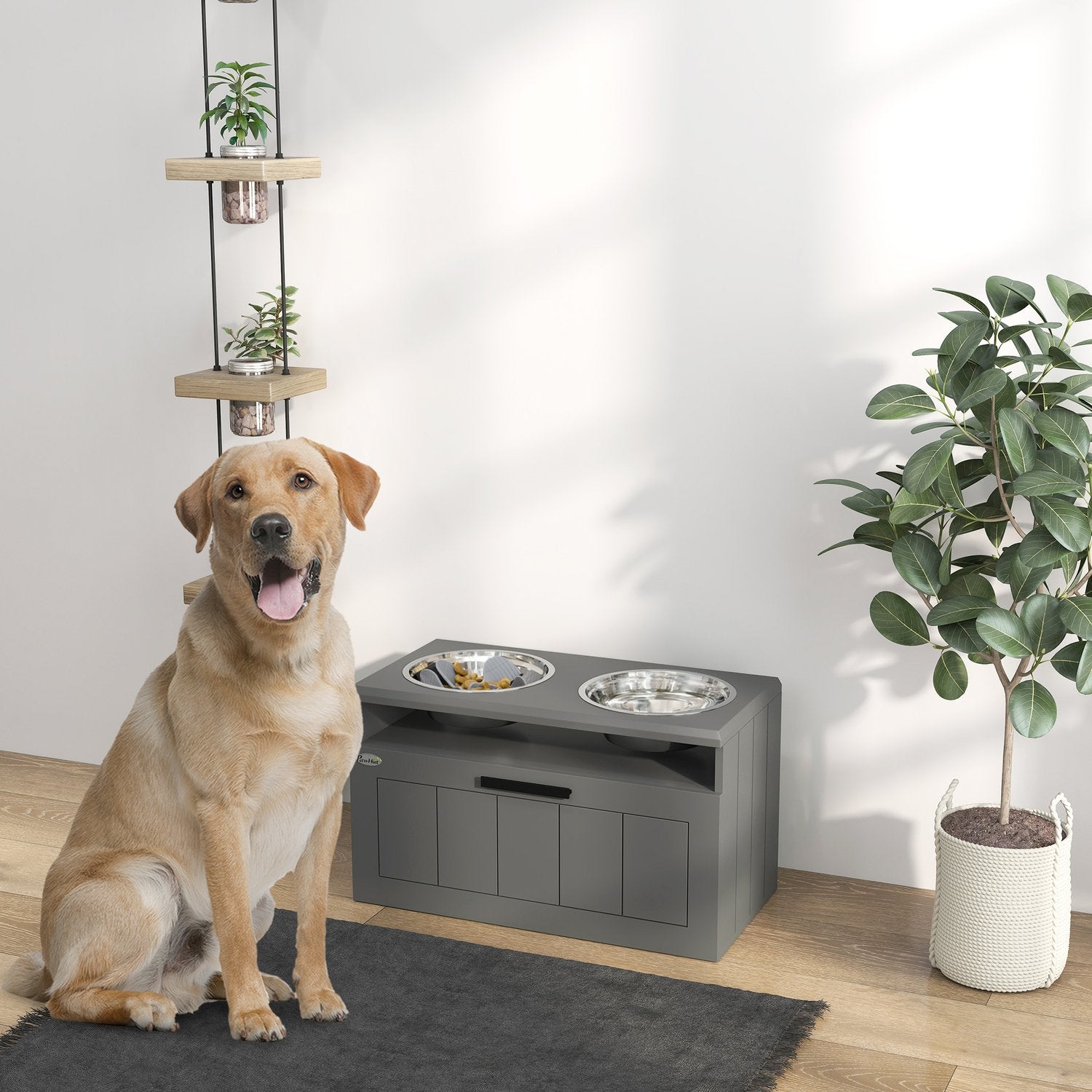 Erhöhte Hunde-Futterstation mit Aufbewahrung, grau