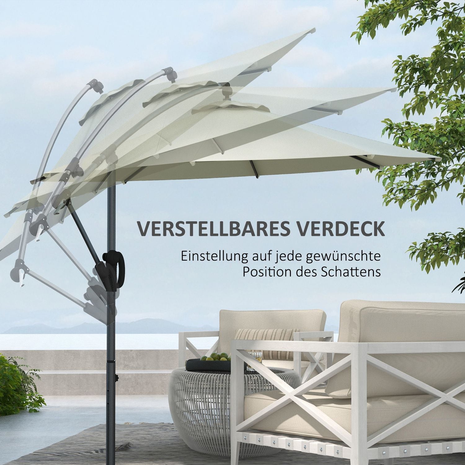 Vrijdragende terrasparasol, 293 cm, crèmekleurig, met kruisvoet en kantelfunctie