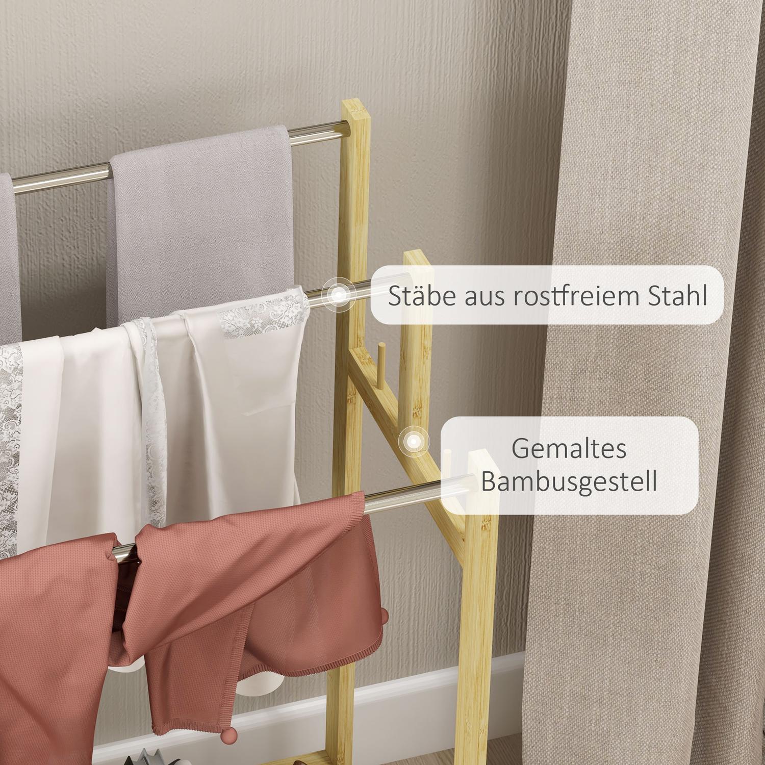 Vrijstaande bamboe handdoekrek met 3 stangen, 4 haken