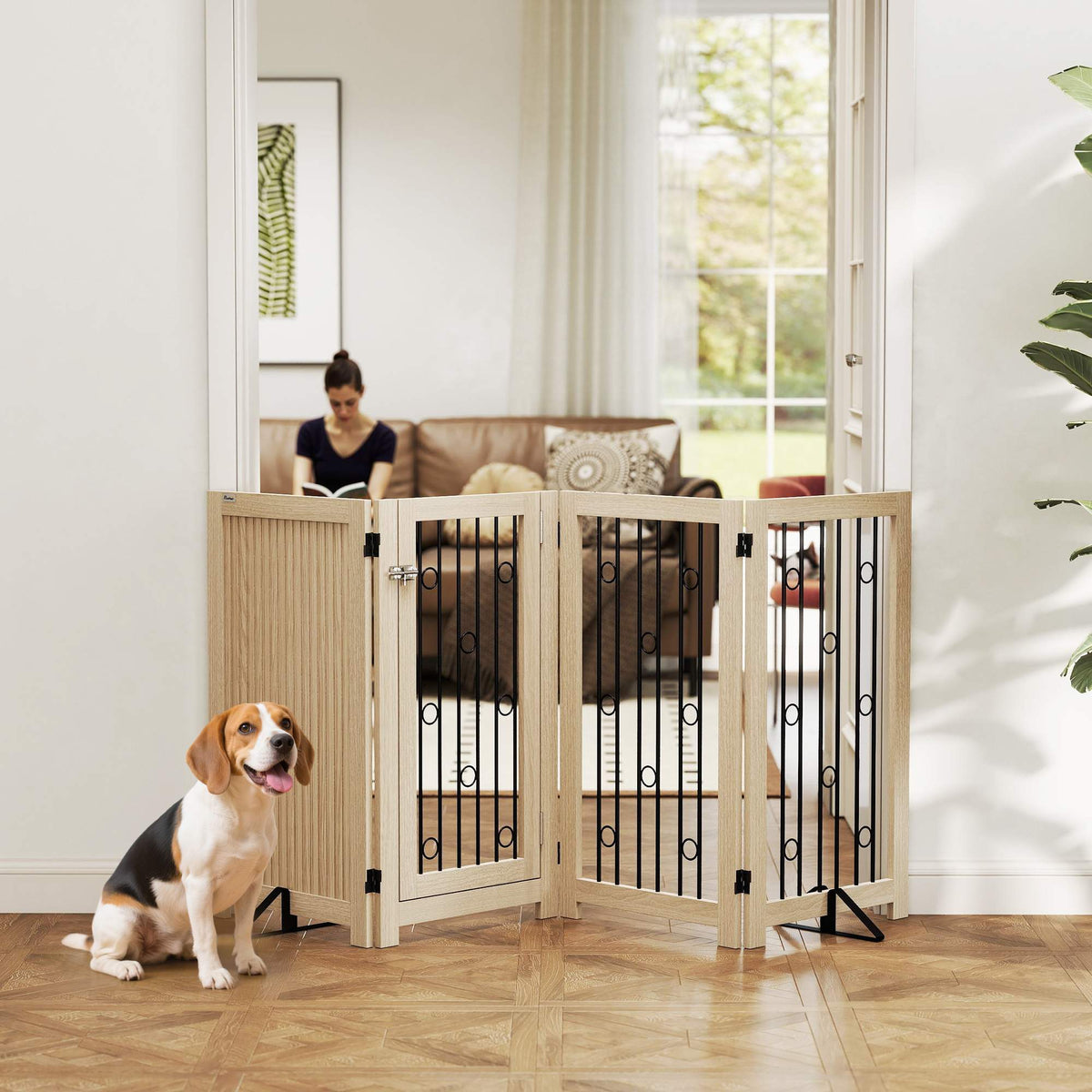 Vrijstaand veiligheidshek voor huisdieren met deur, 4 panelen, MDF en staal
