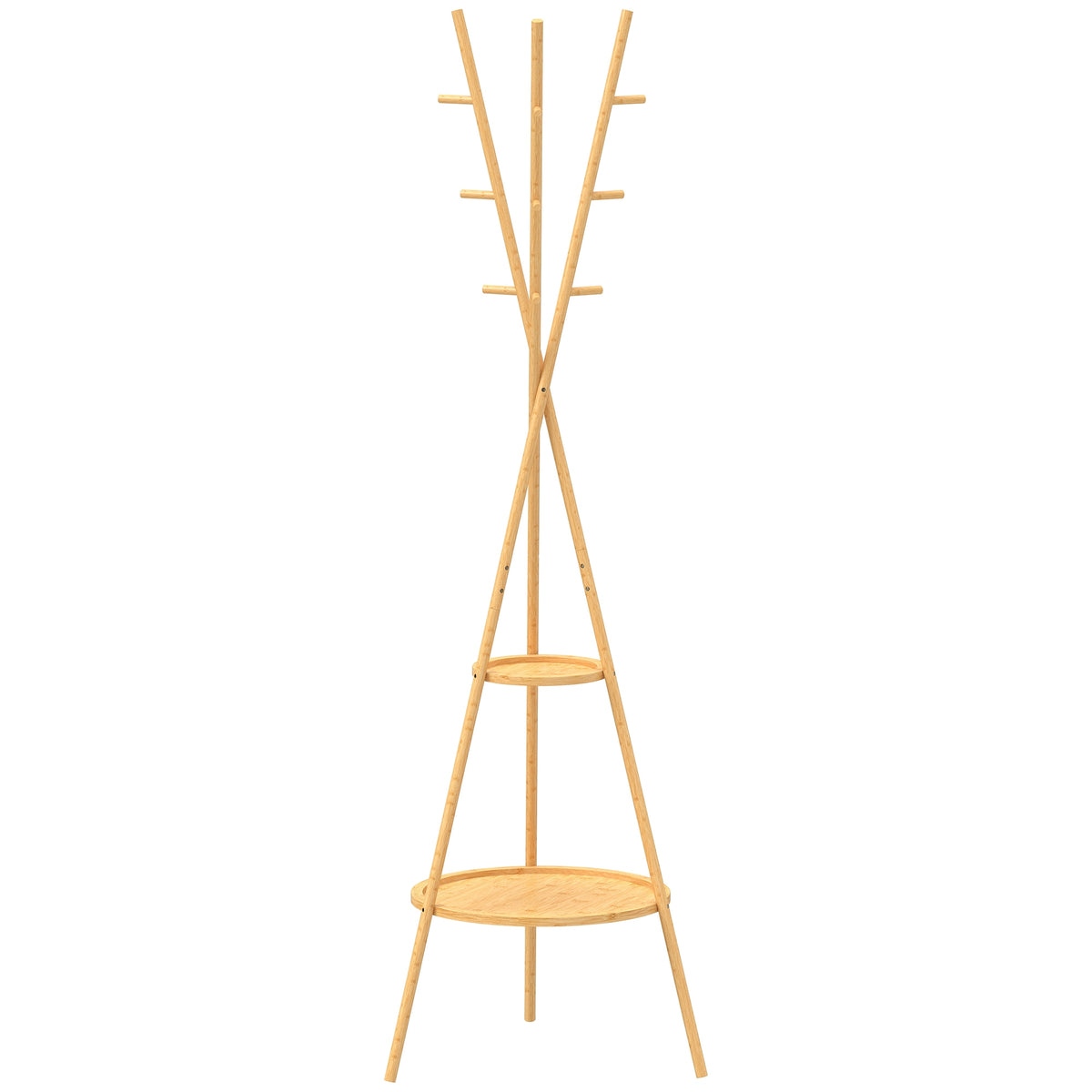 Vrijstaande bamboe-kledingstandaard, 9 haken, 2 planken, naturel