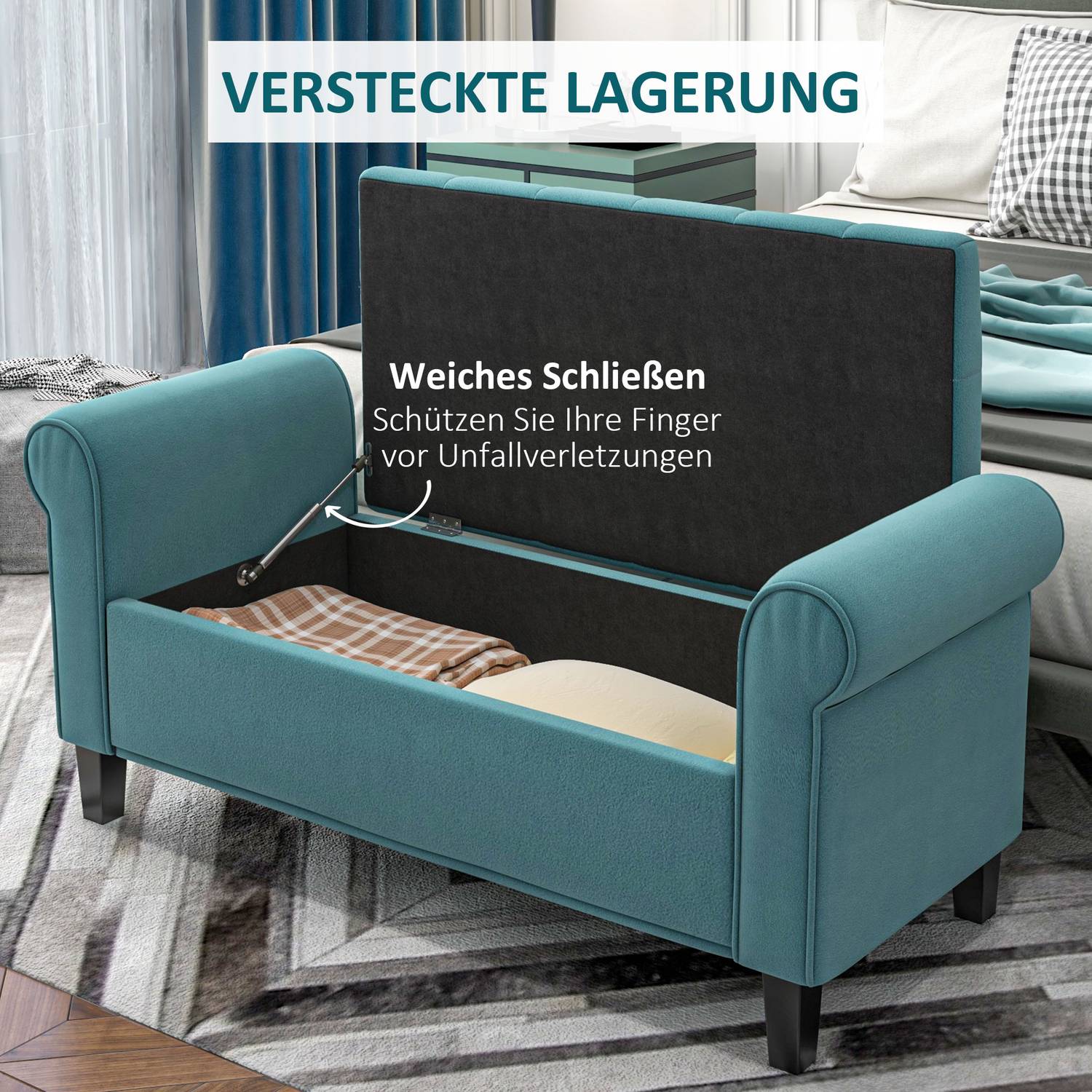 Truhenbank aus grünem Samt, Kapazität 120 kg, 126x48,5x47 cm