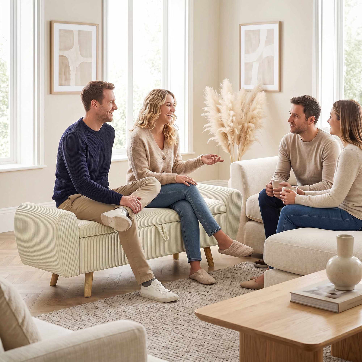 Opbergbank met verborgen vak, beige ribfluweel, 150 cm