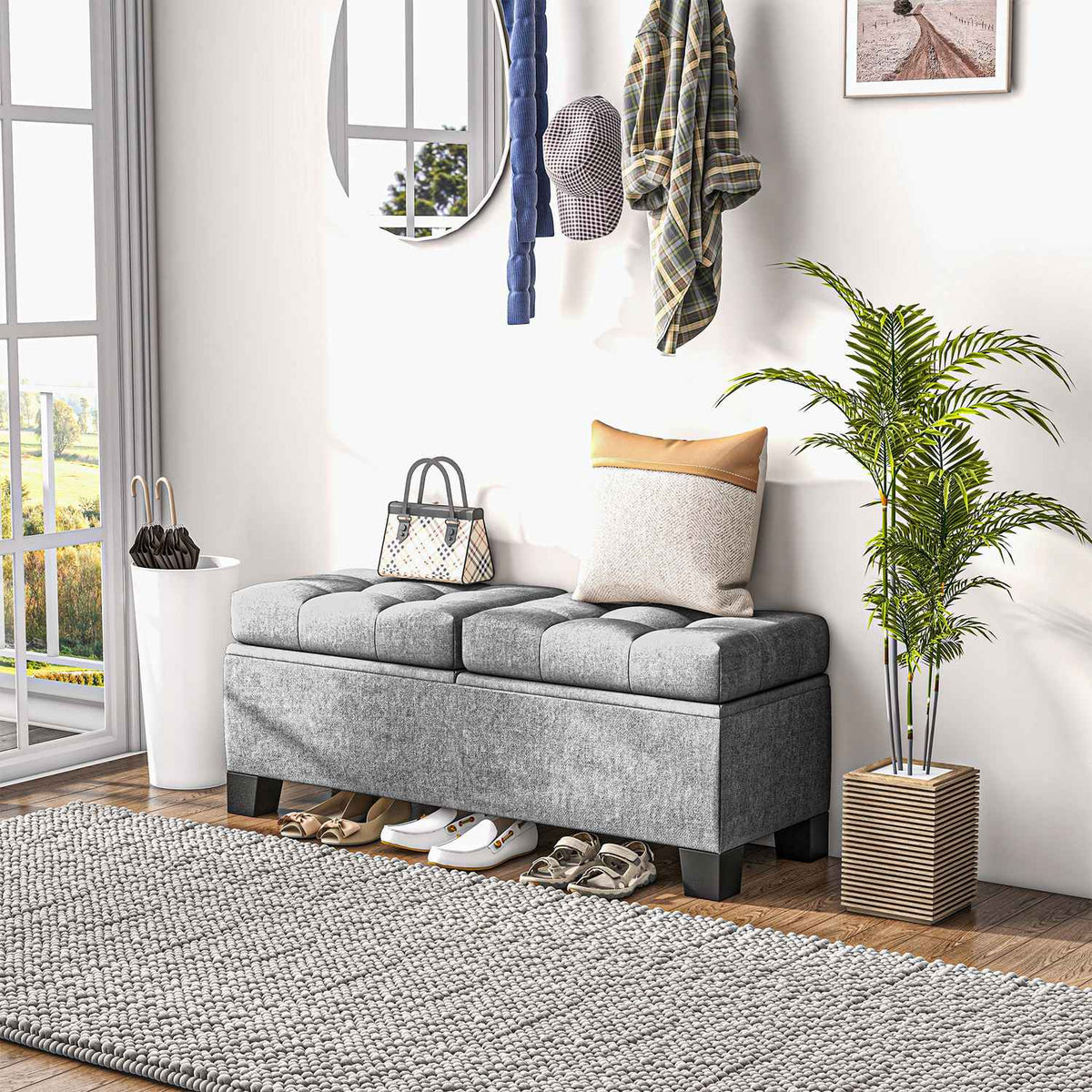Opbergbank met linnen bekleding, 116 cm, grijs