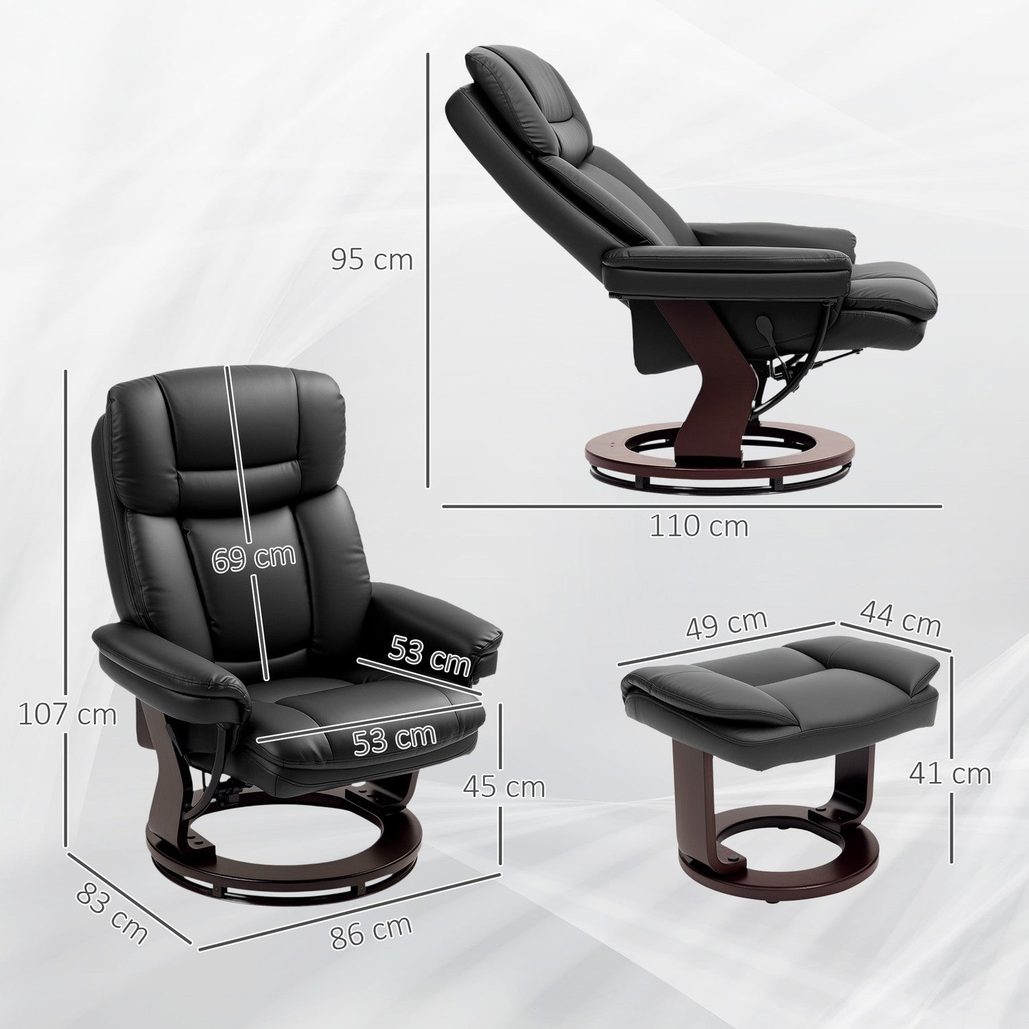 Fåtölj med fotpall, justerbar stol, fodral i konstläder, stoppad stol med fällbart ryggstöd, svart