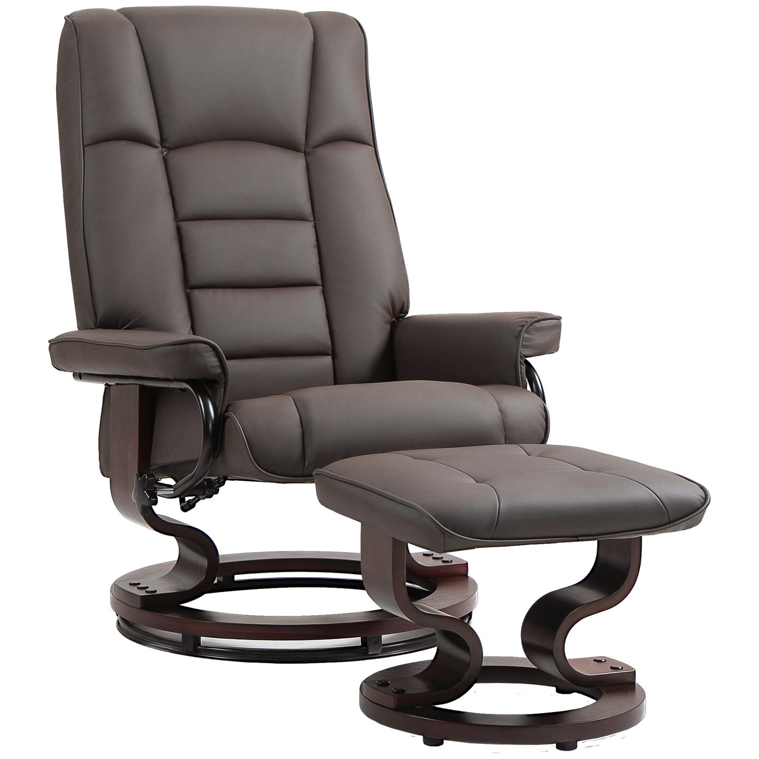Fauteuil met poef, draaibaar en kantelbaar, kunstleren bekleding, tot 150 kg, houten frame, bruin