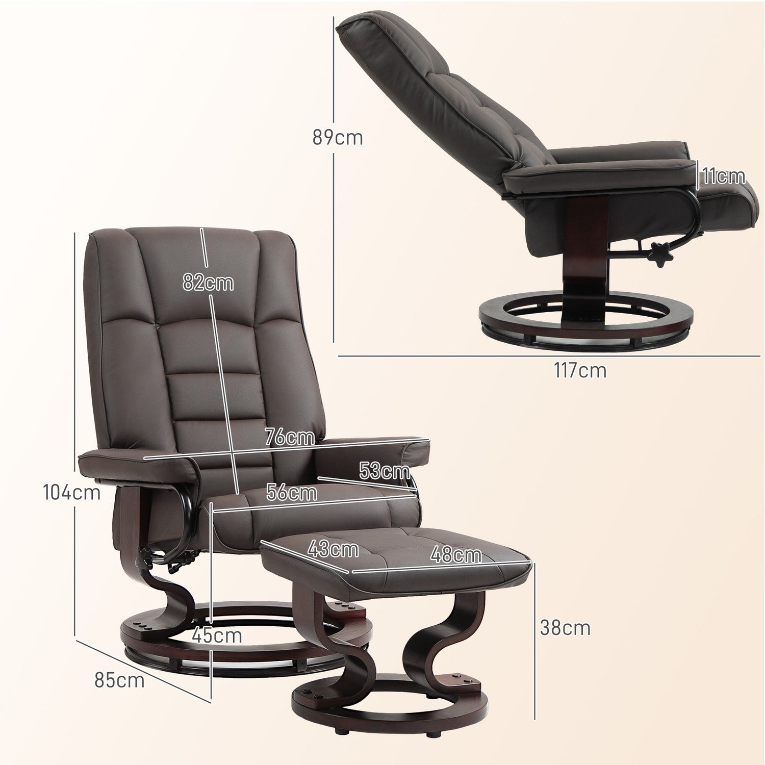 Fauteuil met poef, draaibaar en kantelbaar, kunstleren bekleding, tot 150 kg, houten frame, bruin
