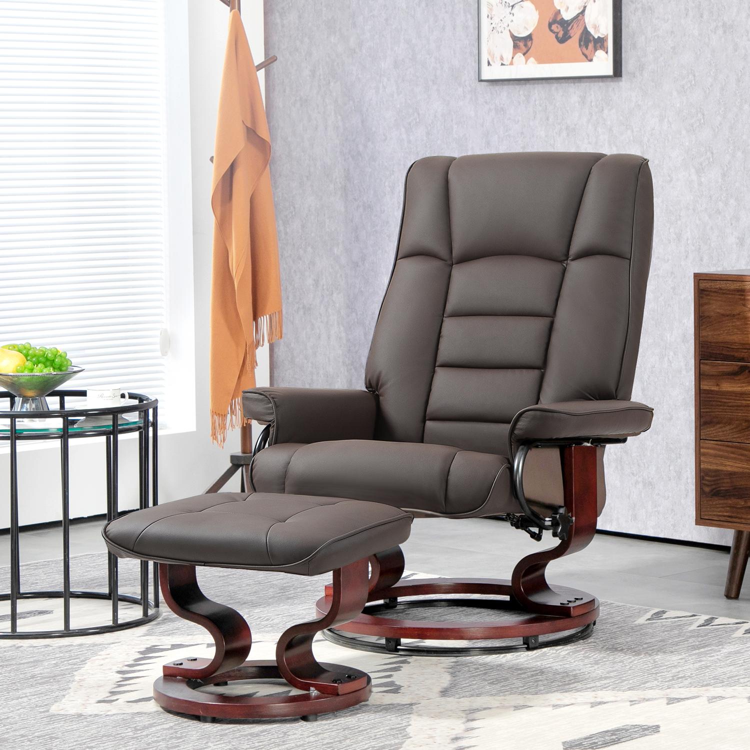 Fauteuil met poef, draaibaar en kantelbaar, kunstleren bekleding, tot 150 kg, houten frame, bruin