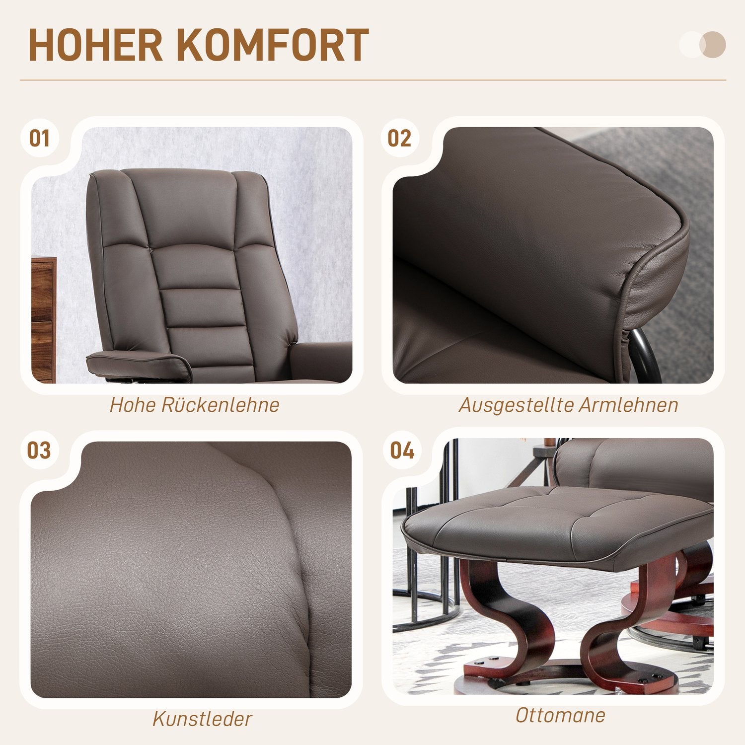 Fauteuil met poef, draaibaar en kantelbaar, kunstleren bekleding, tot 150 kg, houten frame, bruin