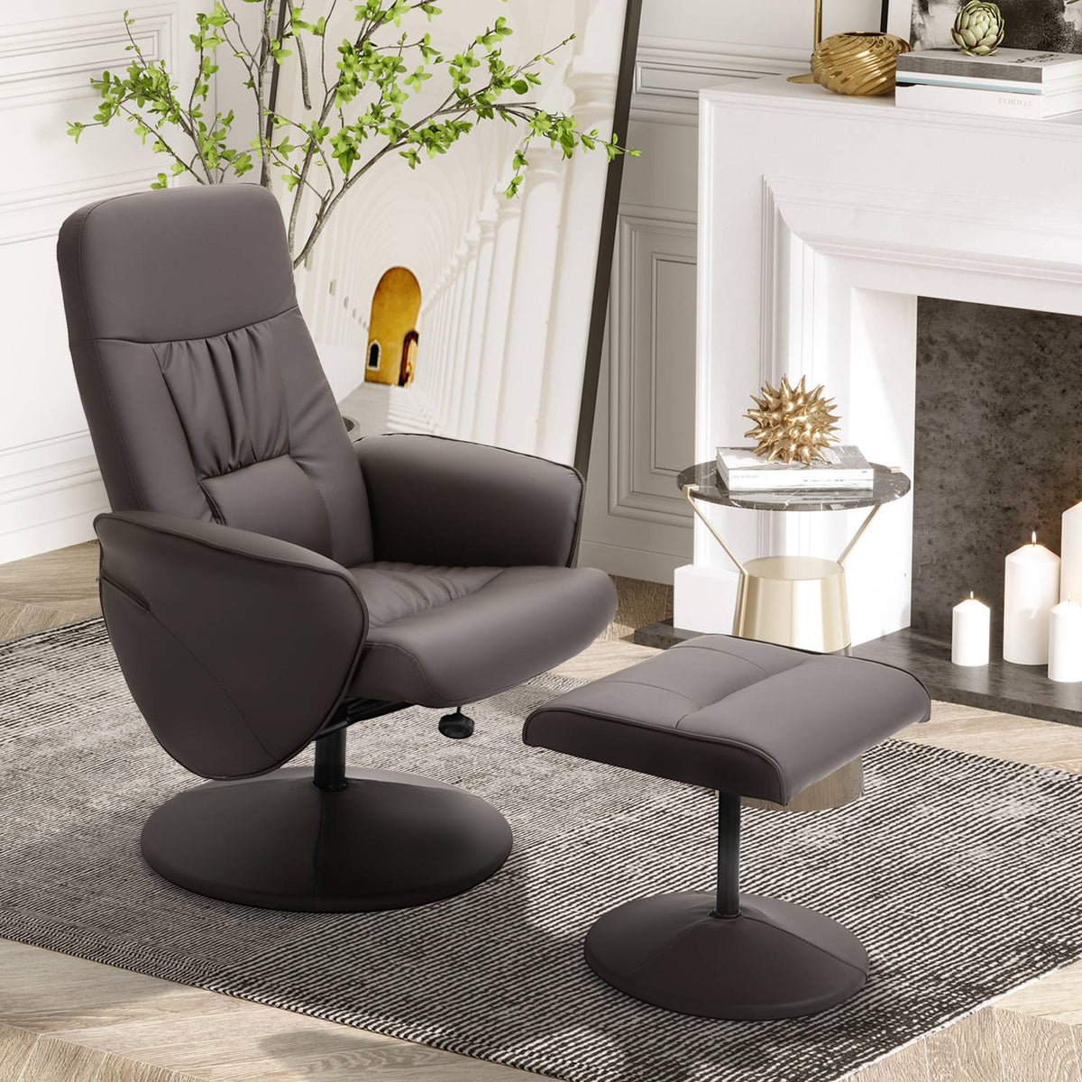 Fauteuil en voetenbank, kunstleer, bruin