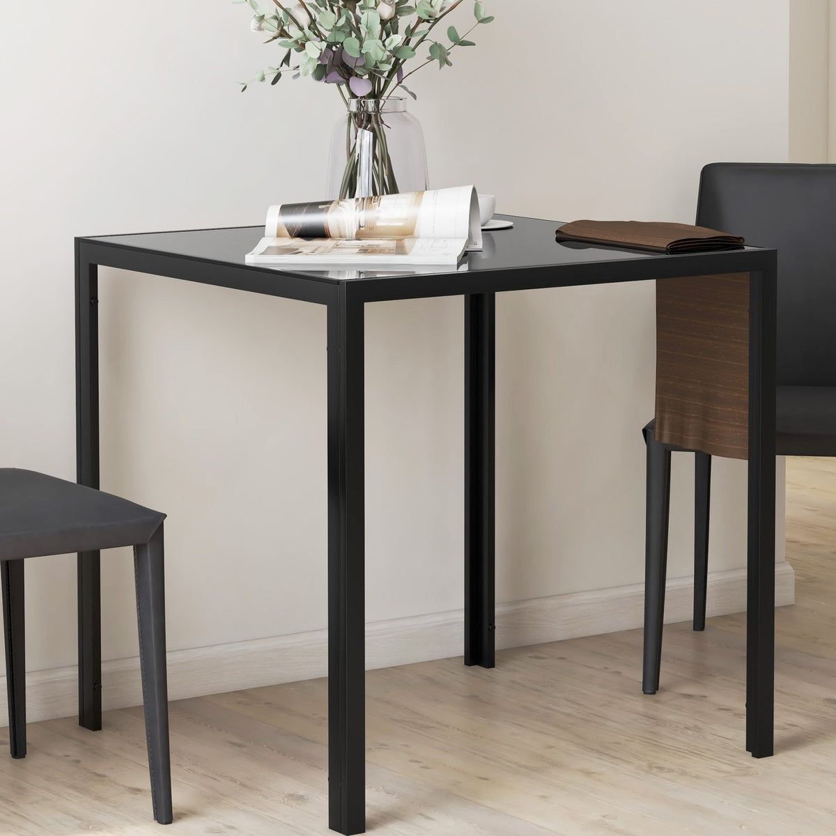 Vierkante glazen eettafel voor 4 personen, 80 kg draagvermogen, Zwart