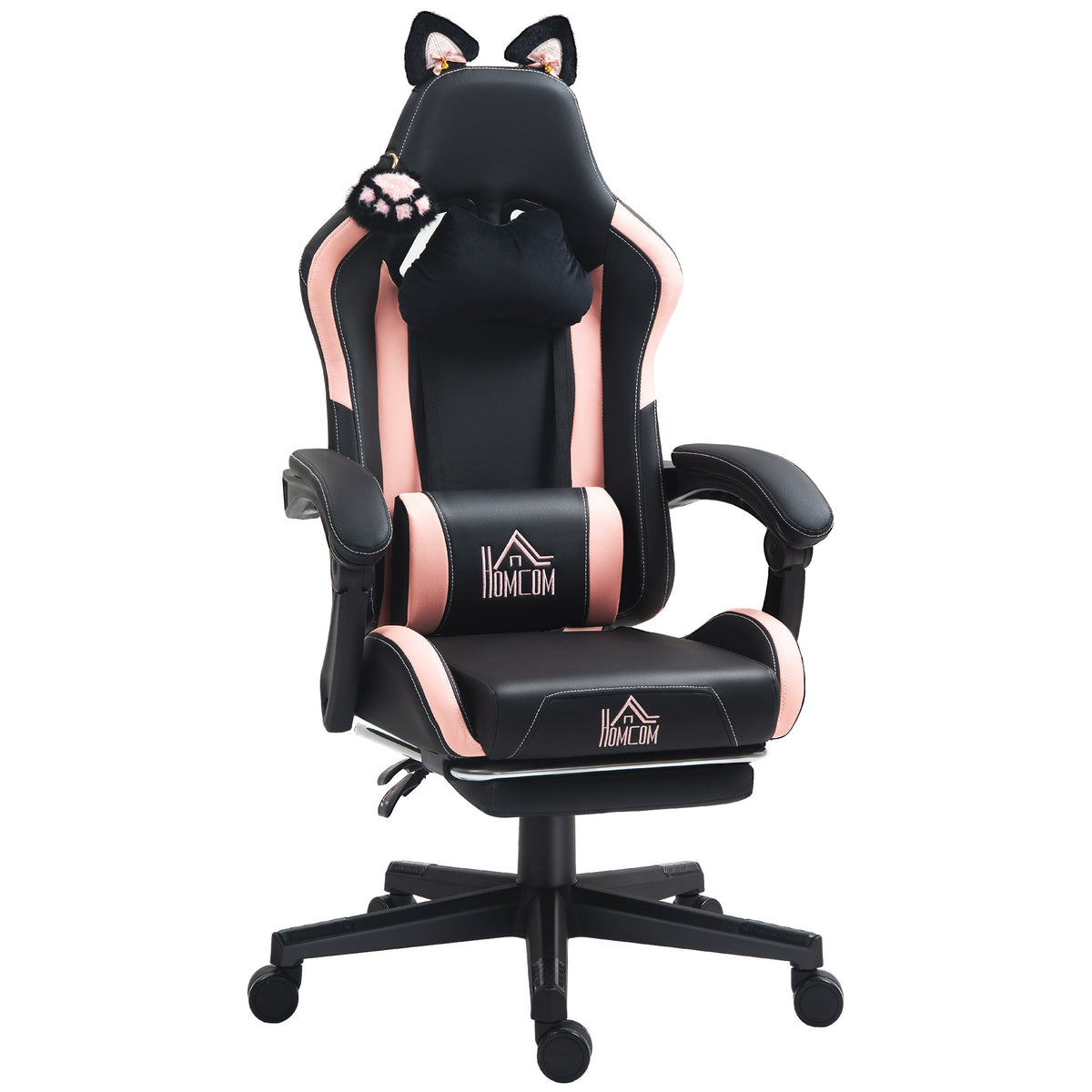 Gamingstoel met kattenoren, relaxfauteuil, voetensteun, roze/zwart
