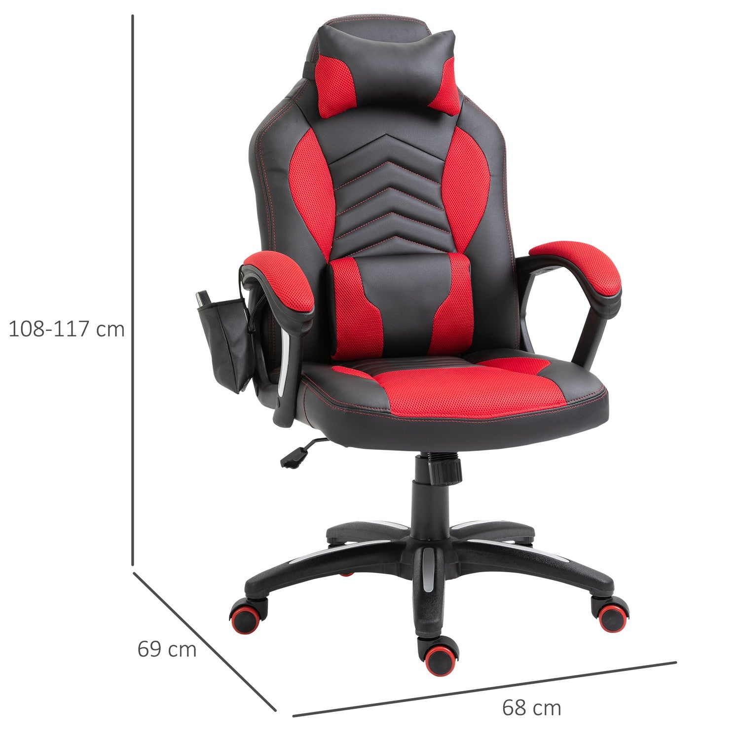 Gamingstoel met warmte en massage, rood PU, verstelbaar
