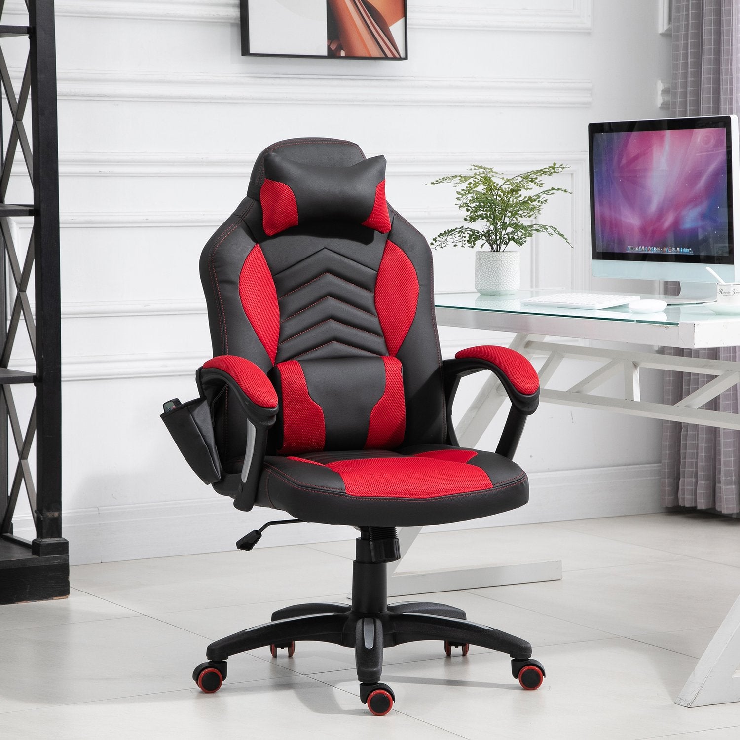 Gamingstoel met warmte en massage, rood PU, verstelbaar