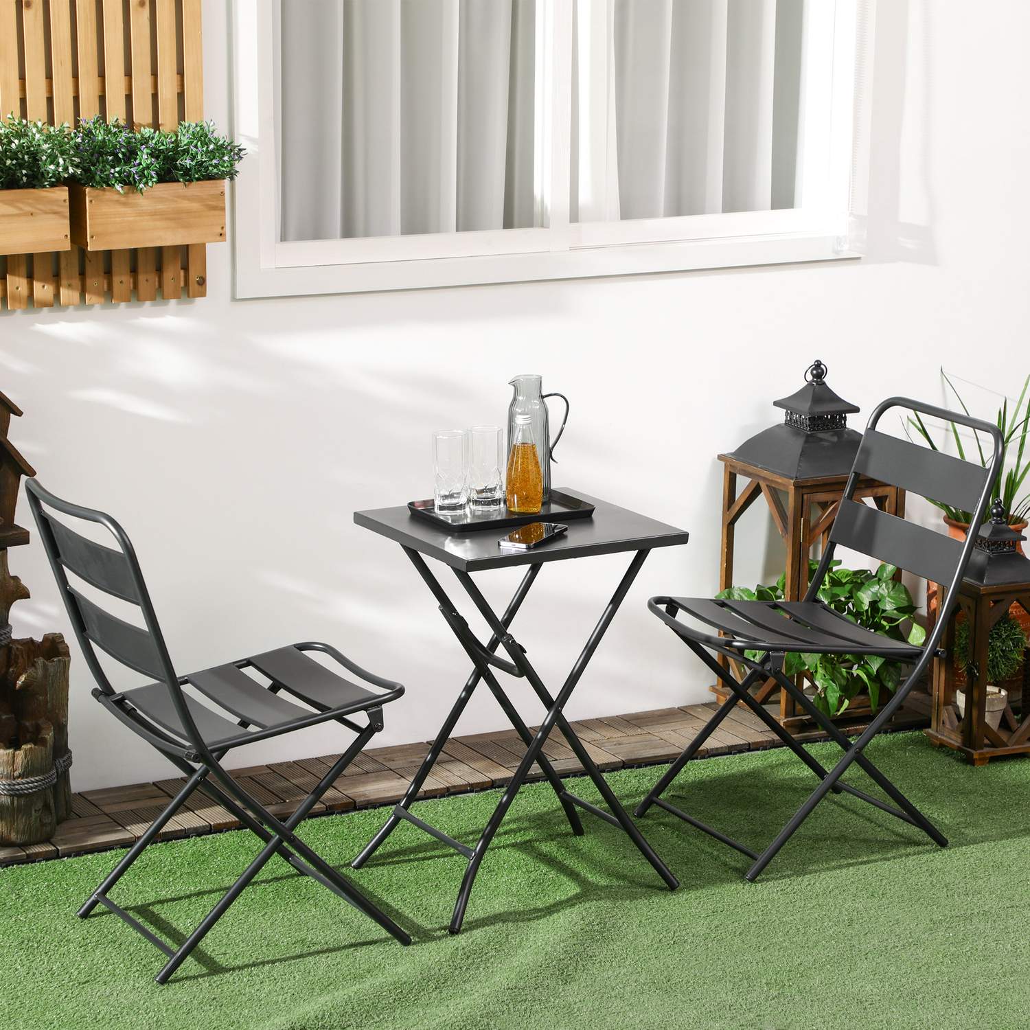 Tuin Bistro Set – 1 tafel en 2 stoelen, staal, zwart