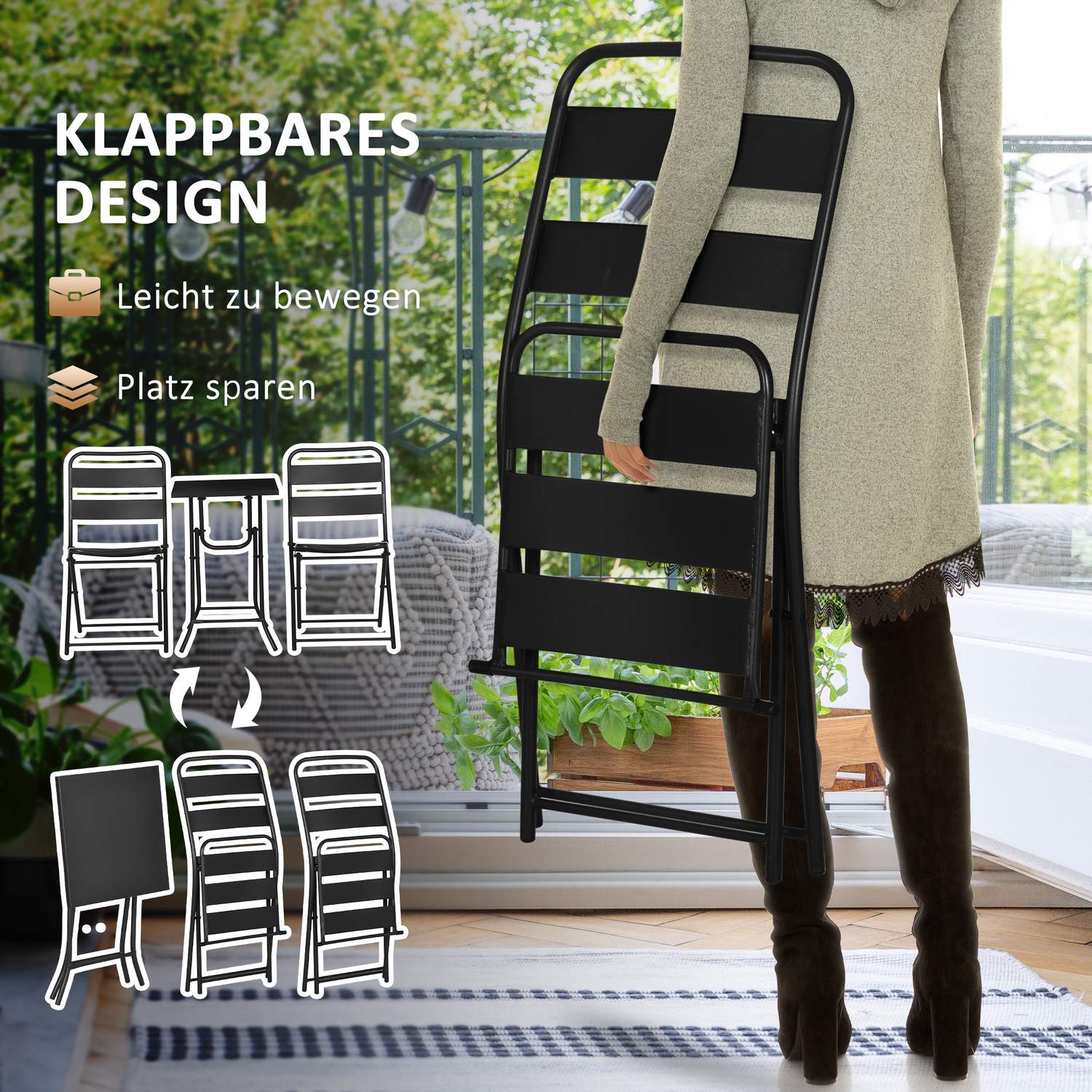 Tuin Bistro Set – 1 tafel en 2 stoelen, staal, zwart