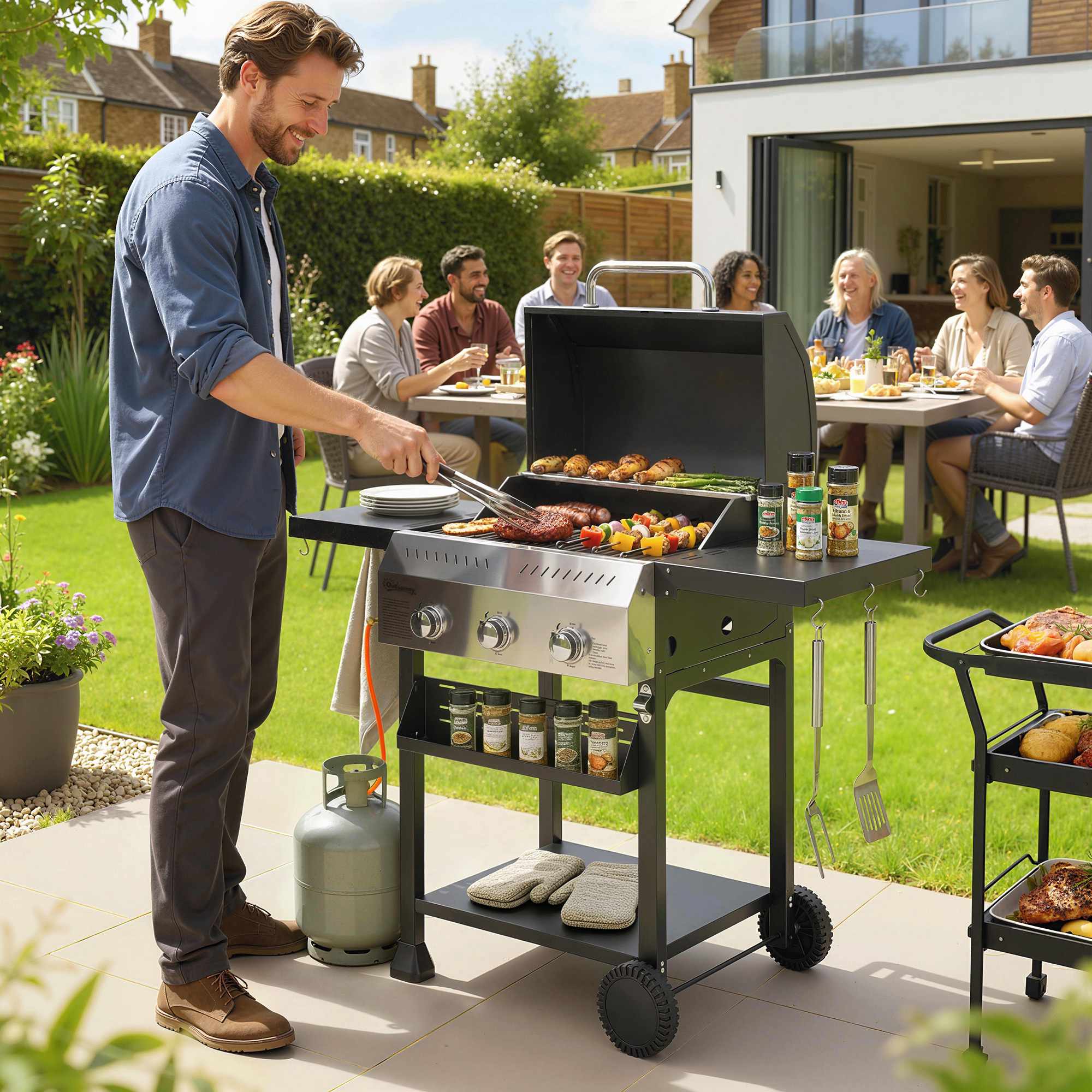 Gasgrill 9kW, 3 brännare, rostfritt stål, fällbara hyllor